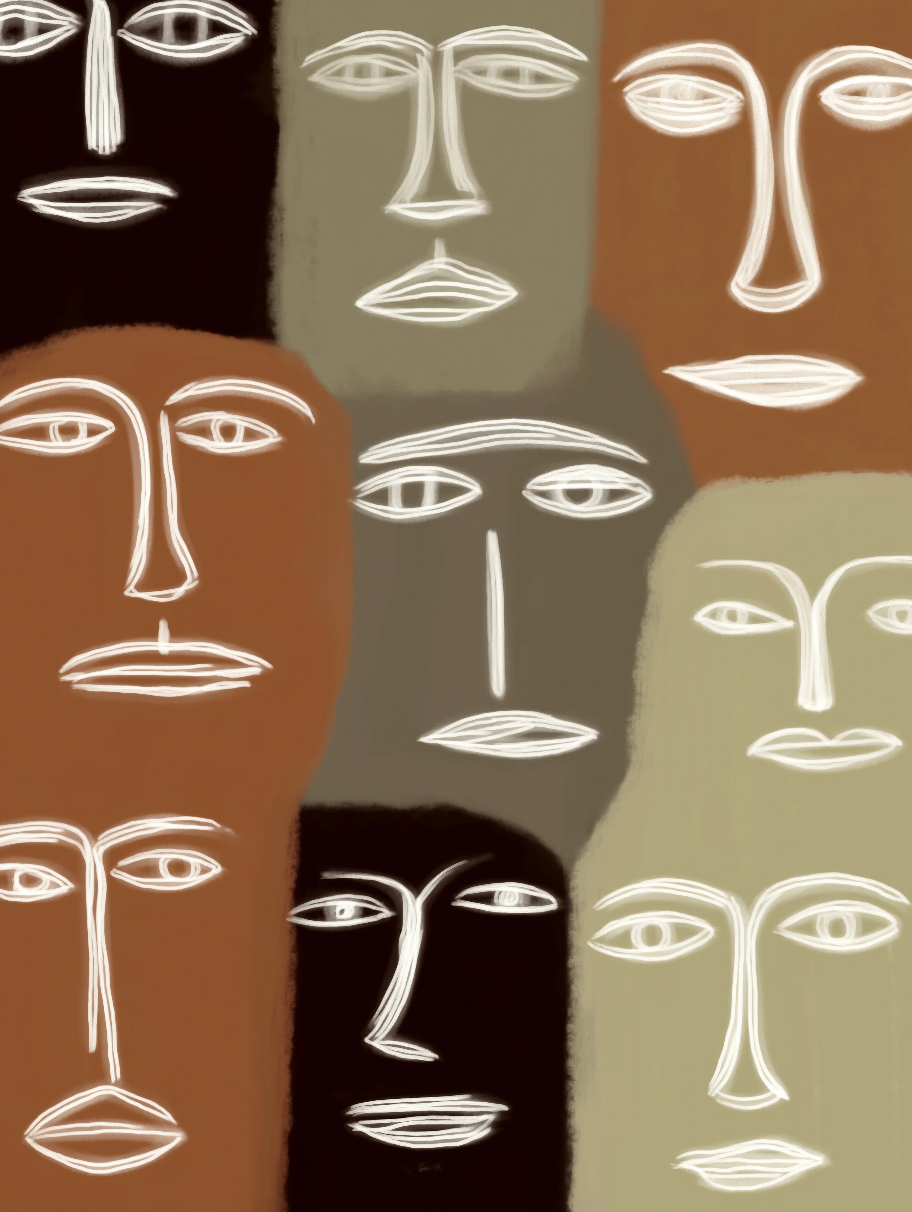  Vertical Abstract faces wall art digital download in earth tones with minimalist line drawings on warm neutral background