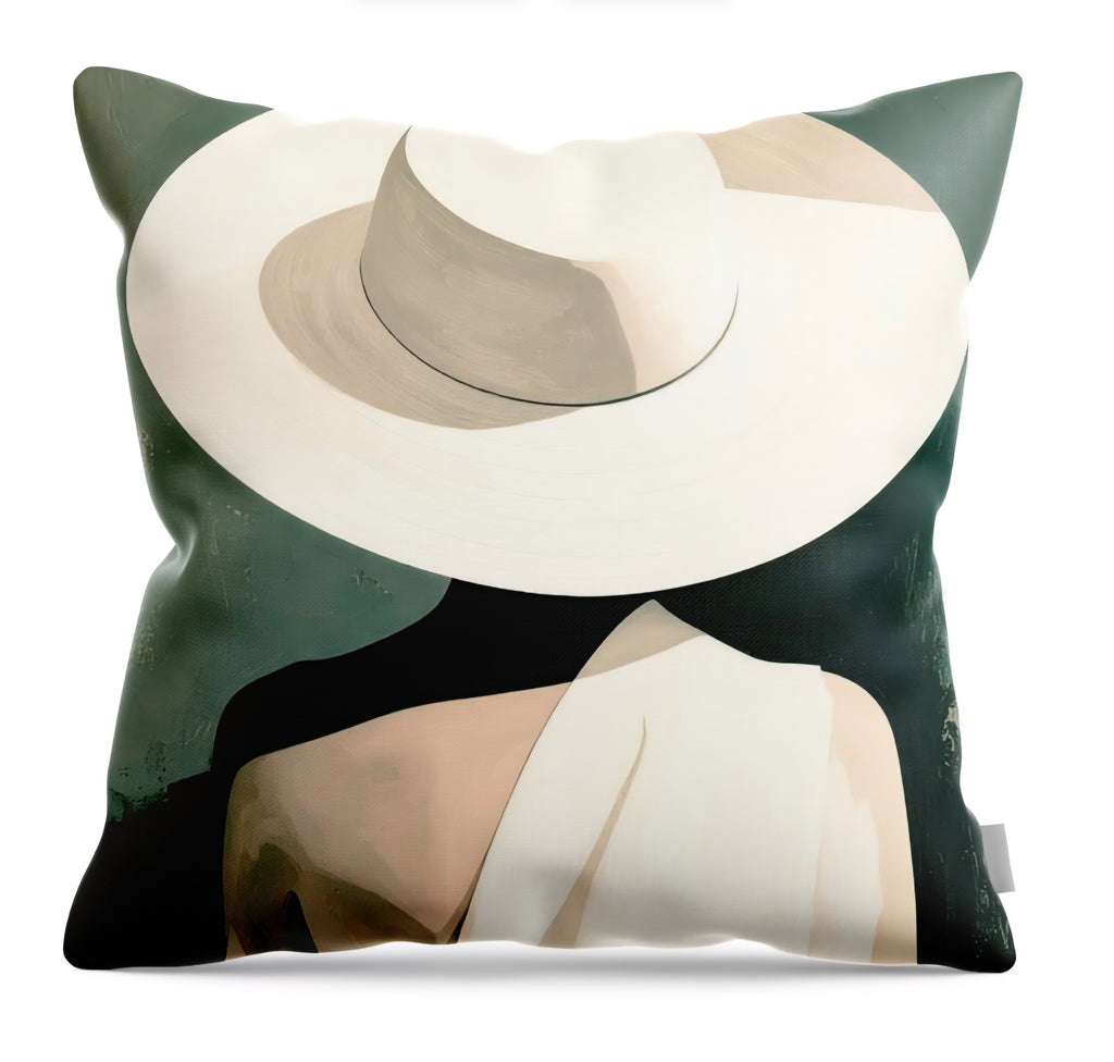 Minimalist woman with hat design on decorative throw pillow, neutral modern portrait pattern in soft tones for home decor