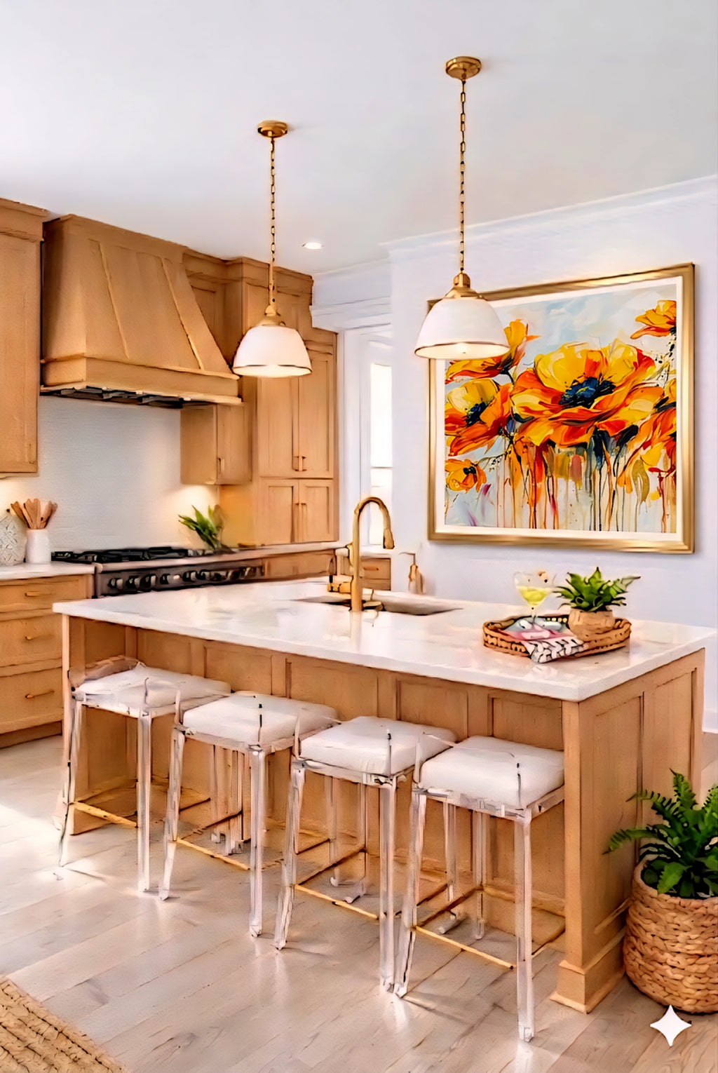 Large yellow and orange floral abstract wall art displayed in a bright modern kitchen, vibrant flower digital print wall decor mockup.