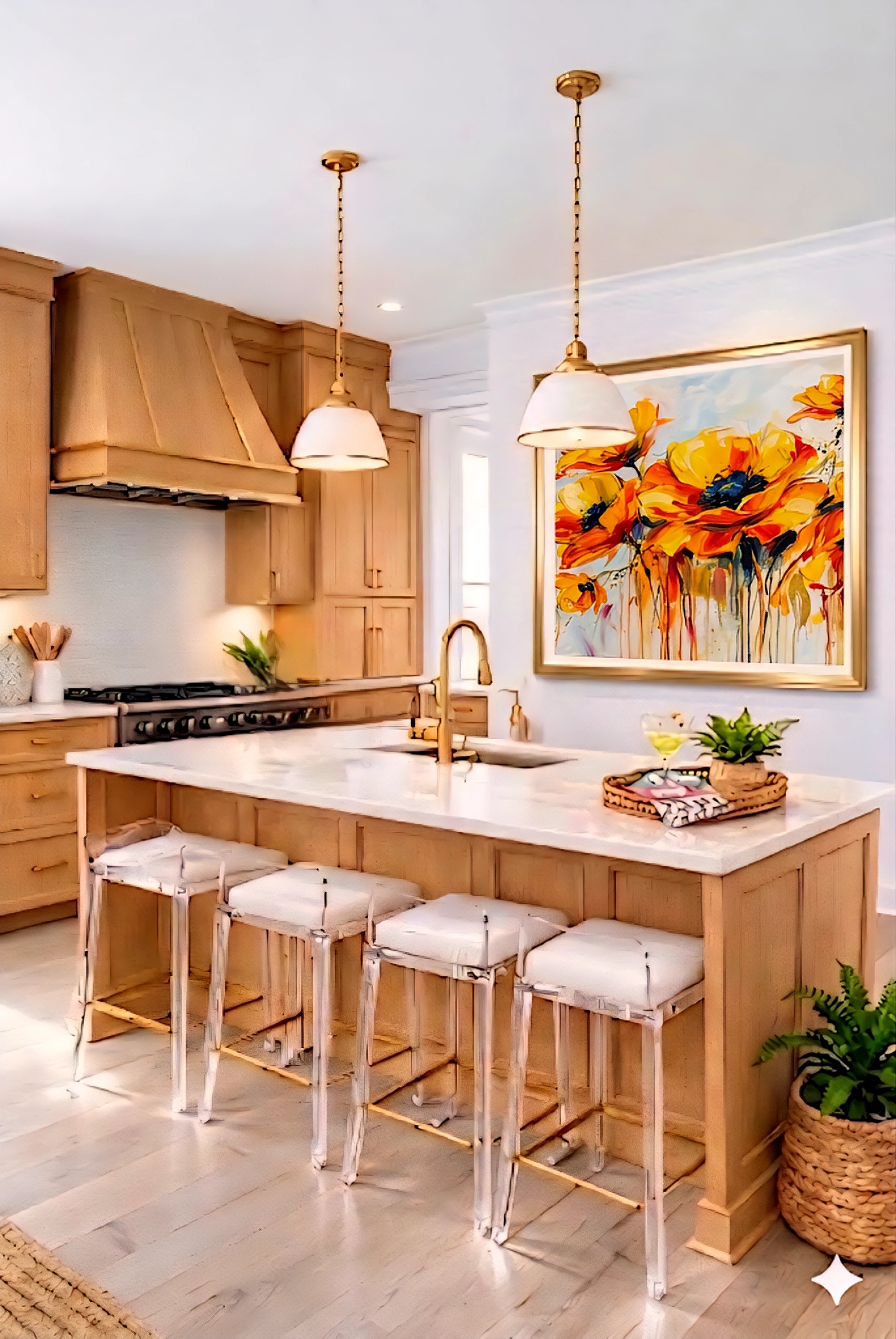 Large yellow and orange floral abstract wall art displayed in a bright modern kitchen, vibrant flower digital print wall decor mockup.