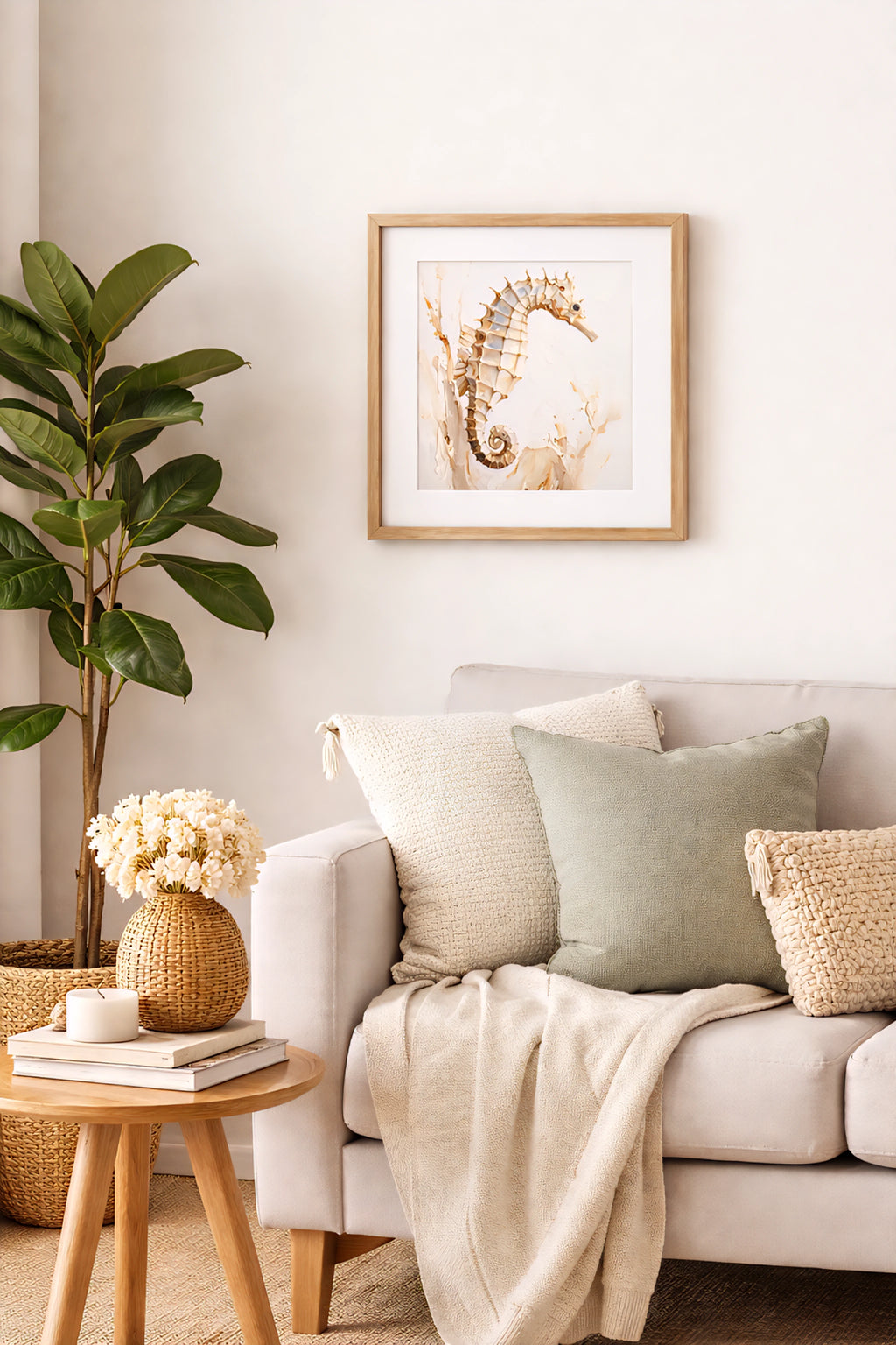 Seahorse art from digital file in a coastal cottage warm neutral living room 