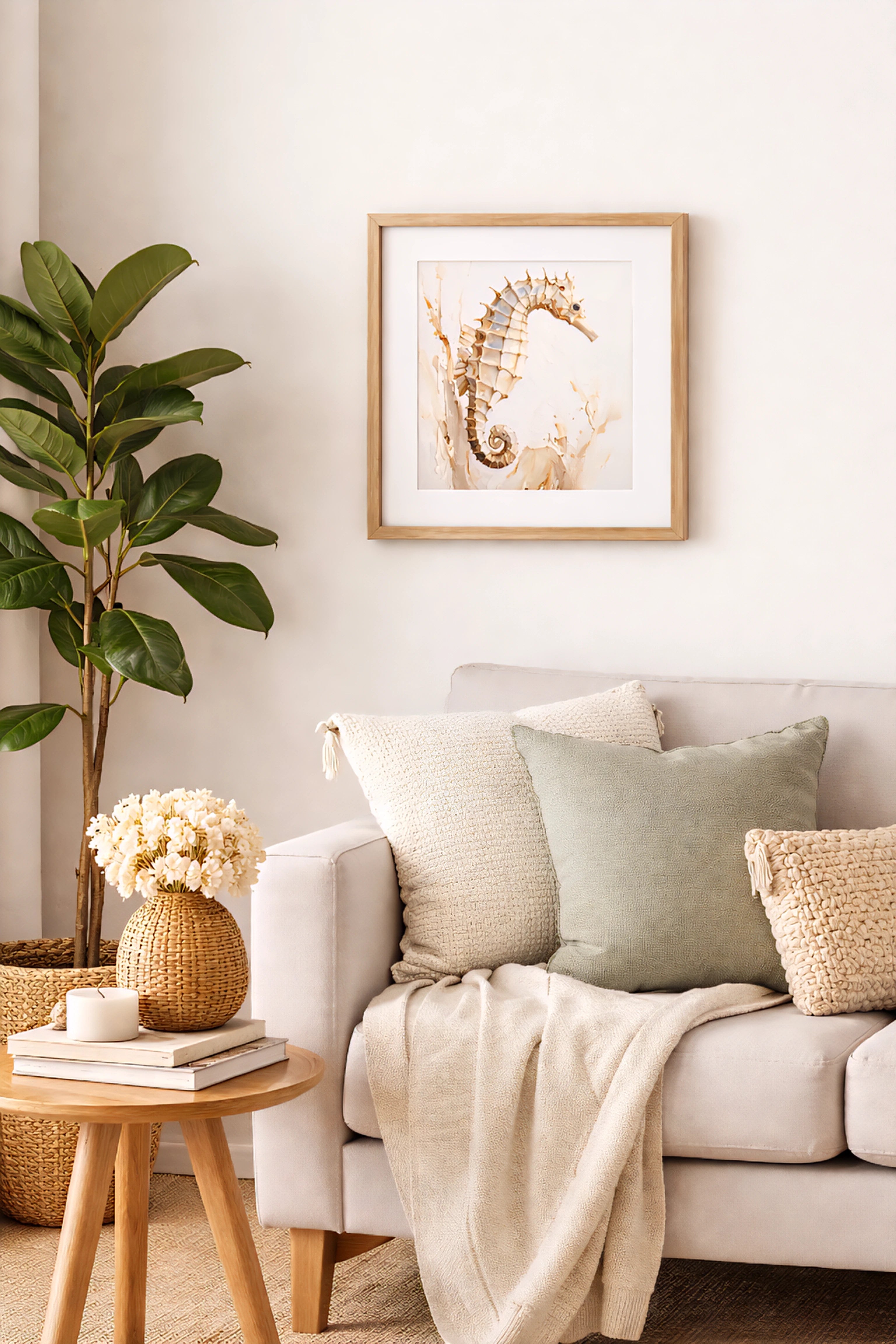 Seahorse art from digital file in a coastal cottage warm neutral living room 