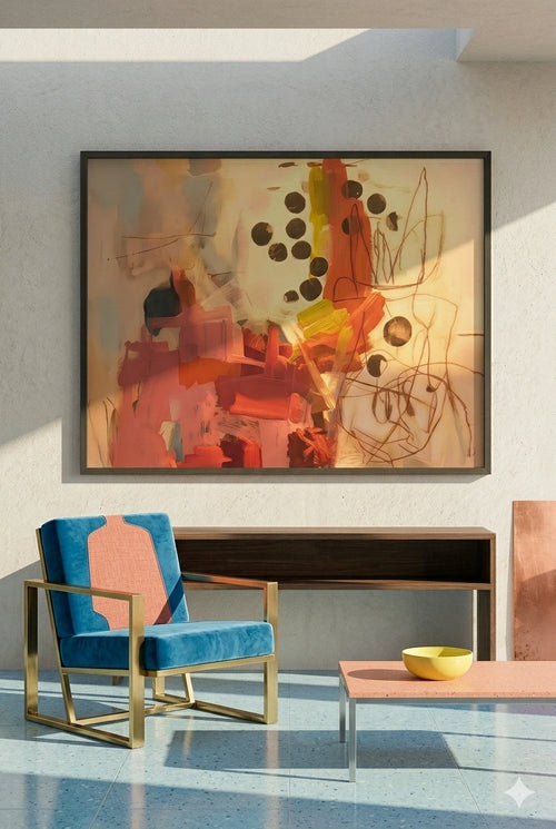 Savvy Places abstract modern wall art with bold coral and neutral tones styled above a console with a blue accent chair in a contemporary space.
