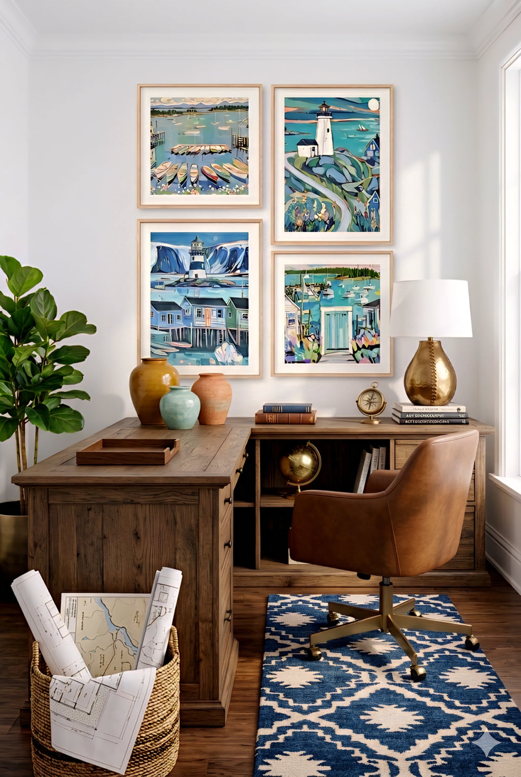 Coastal wall art bundle of 4 digital downloads featuring lighthouse, harbor boats, and seaside cottages in soft blue and teal tones, styled above a warm wood desk with leather chair and patterned rug for elevated coastal decorinspo office design