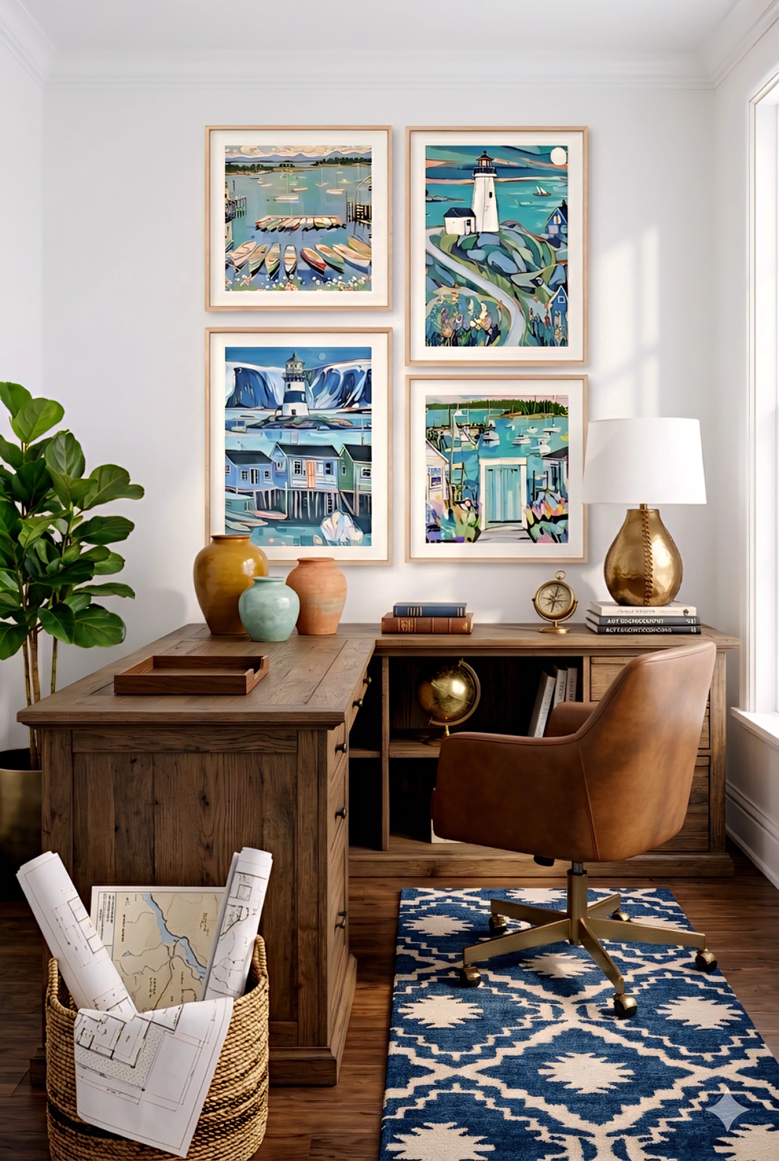 Coastal wall art bundle of 4 digital downloads featuring lighthouse, harbor boats, and seaside cottages in soft blue and teal tones, styled above a warm wood desk with leather chair and patterned rug for elevated coastal decorinspo office design