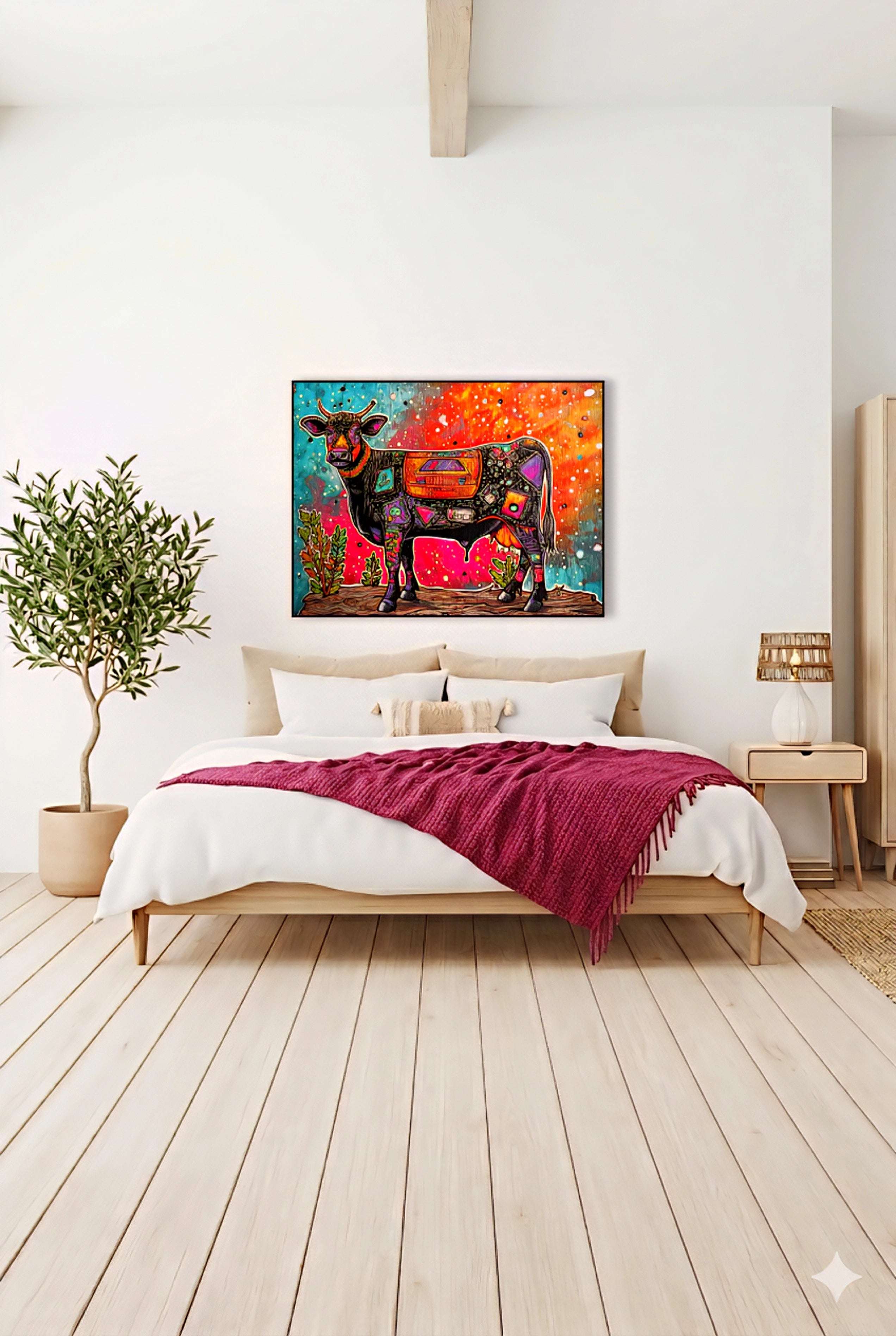 Colorful cow wall art above bed bold maximalist animal print framed modern bedroom decor vibrant statement artwork