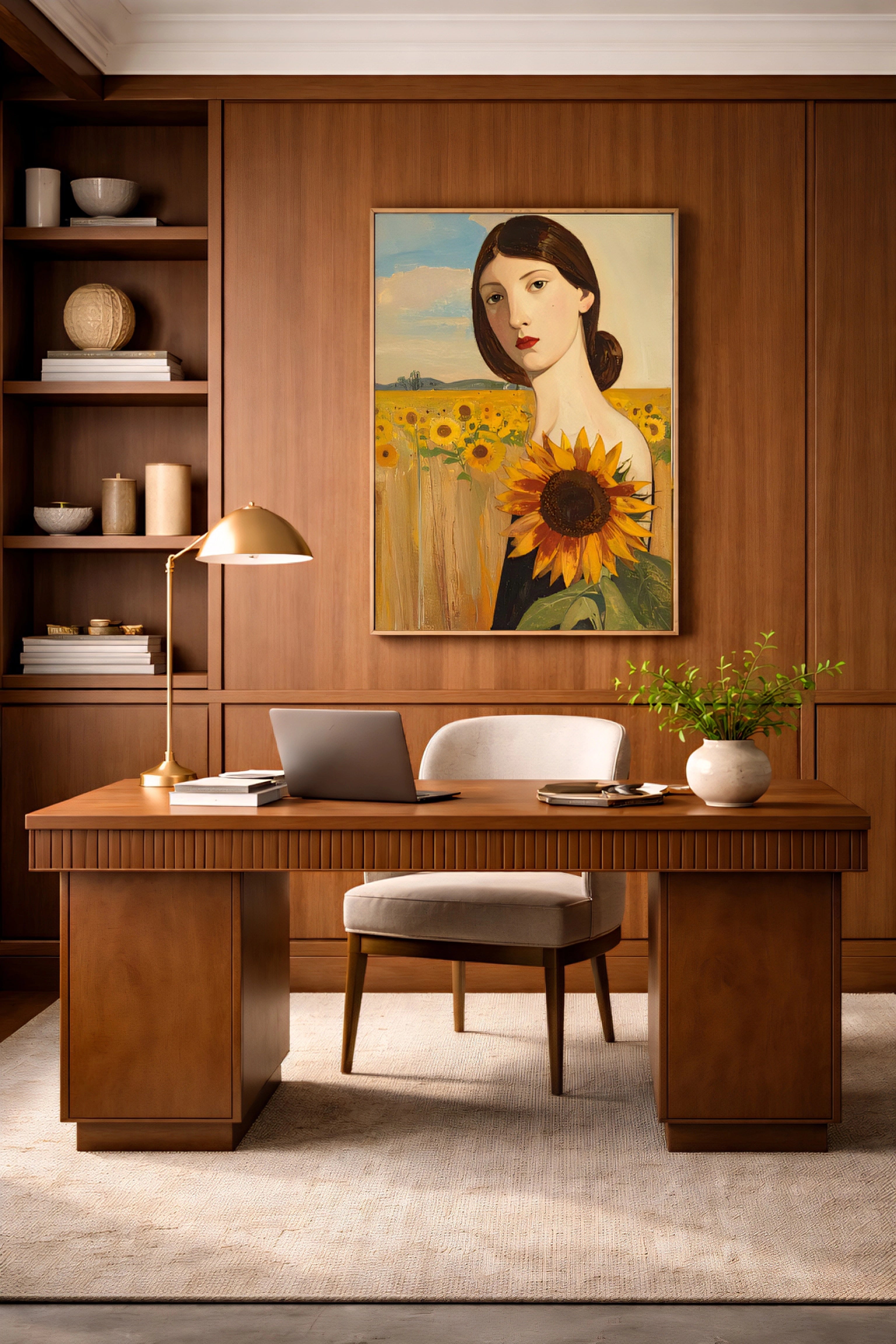 Modern office digital download wall art of a woman with sunflowers.