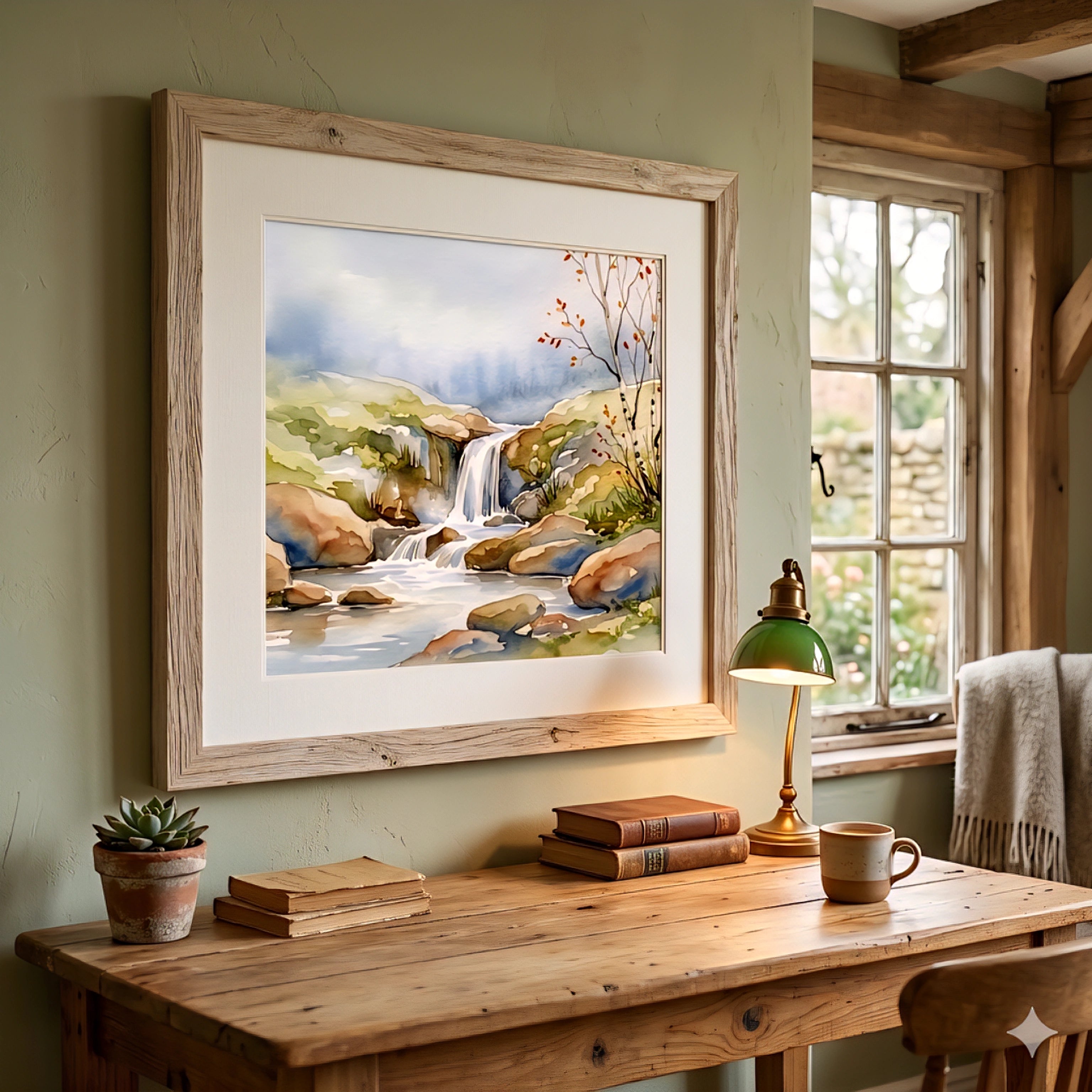 Waterfall landscape savvy places printable wall art displayed in a rustic cottage workspace, featuring a soft watercolor nature scene with earthy tones, wood textures, and warm cozy decorinspo styling.