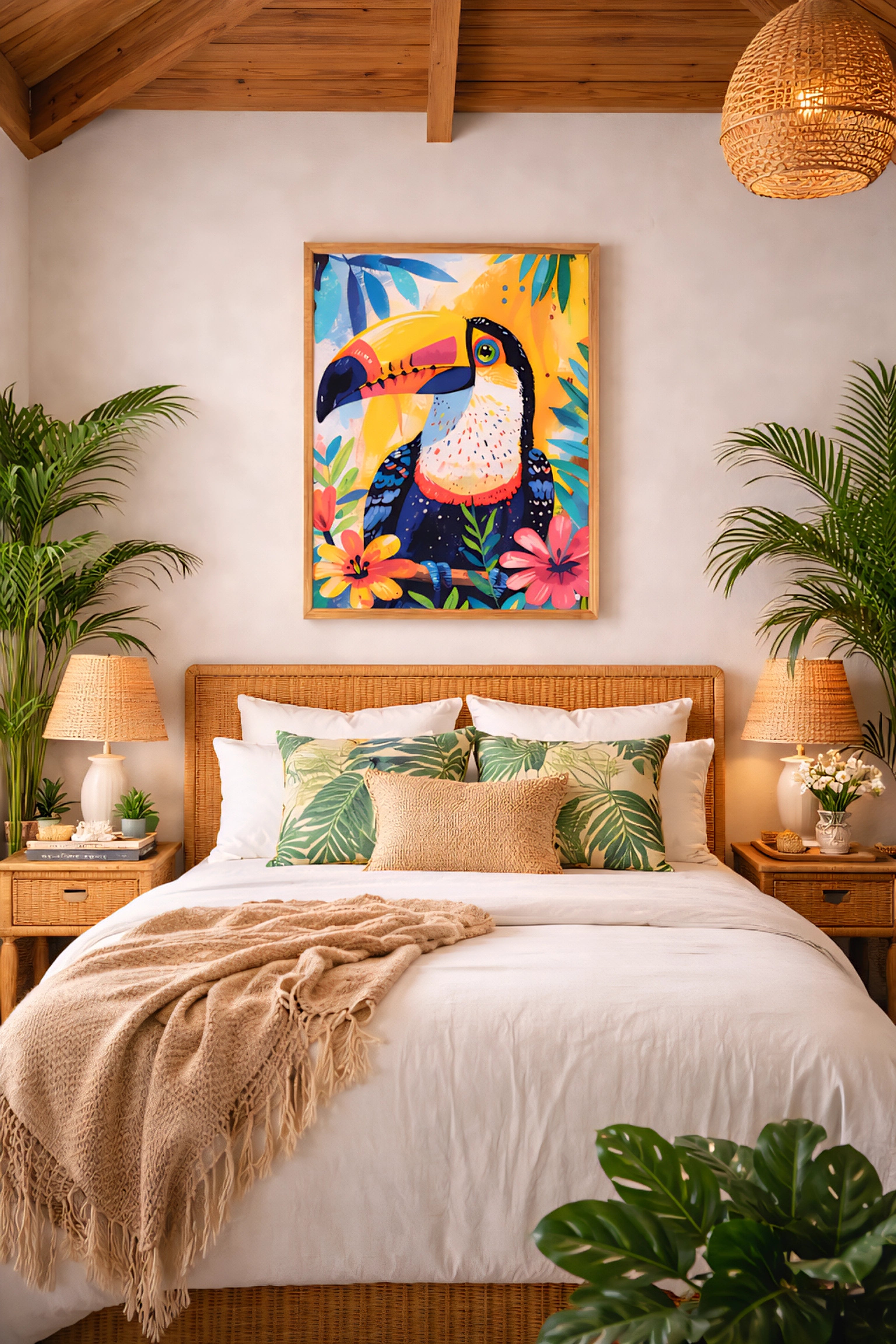 Colorful tropical toucan printable wall art above rattan bed in tropical bedroom decor.