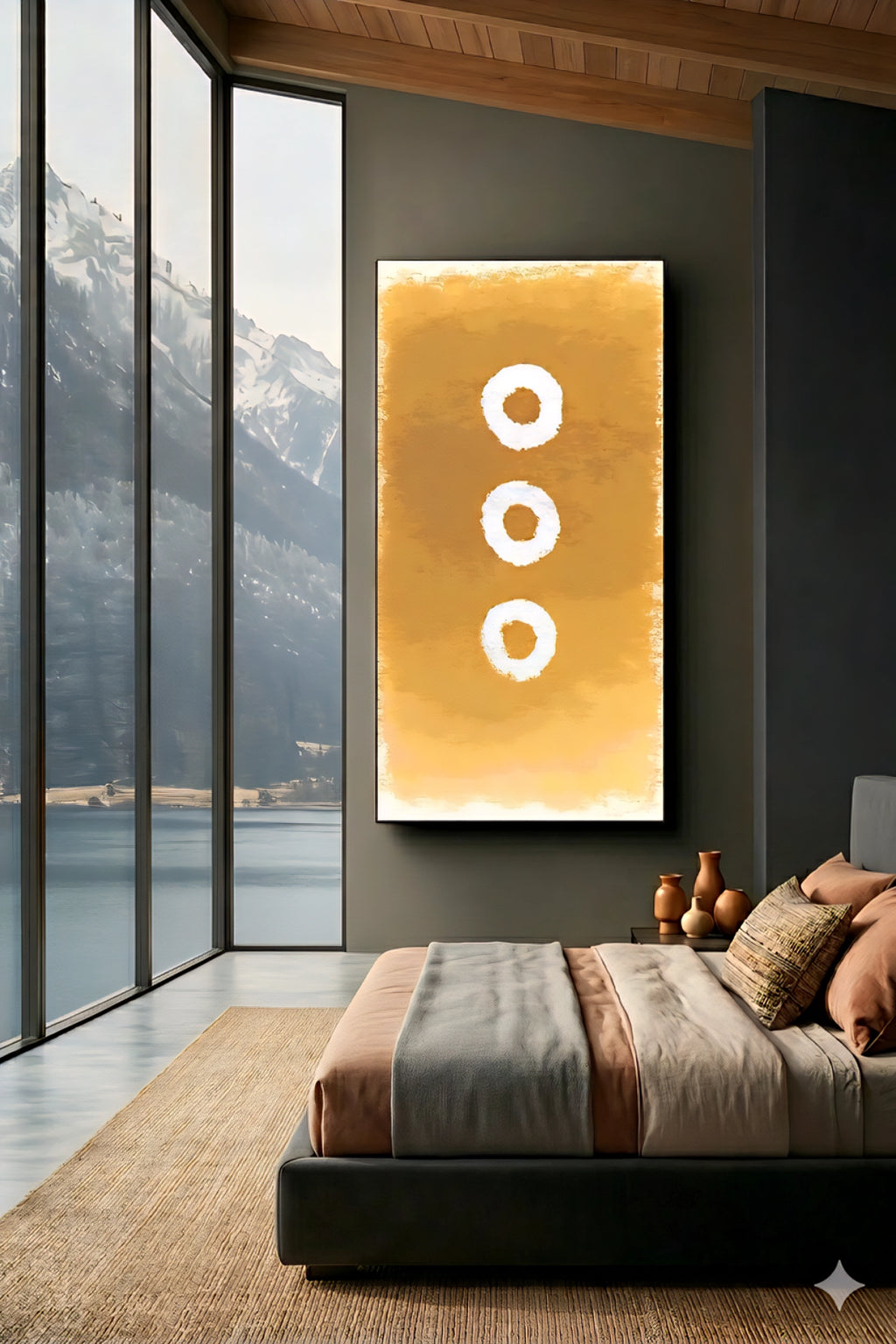 Large abstract wall art printable in warm golden earth tones with three circular shapes, displayed above a modern bed in a luxury bedroom with floor to ceiling windows and mountain view, oversized 9:16 vertical wall decor