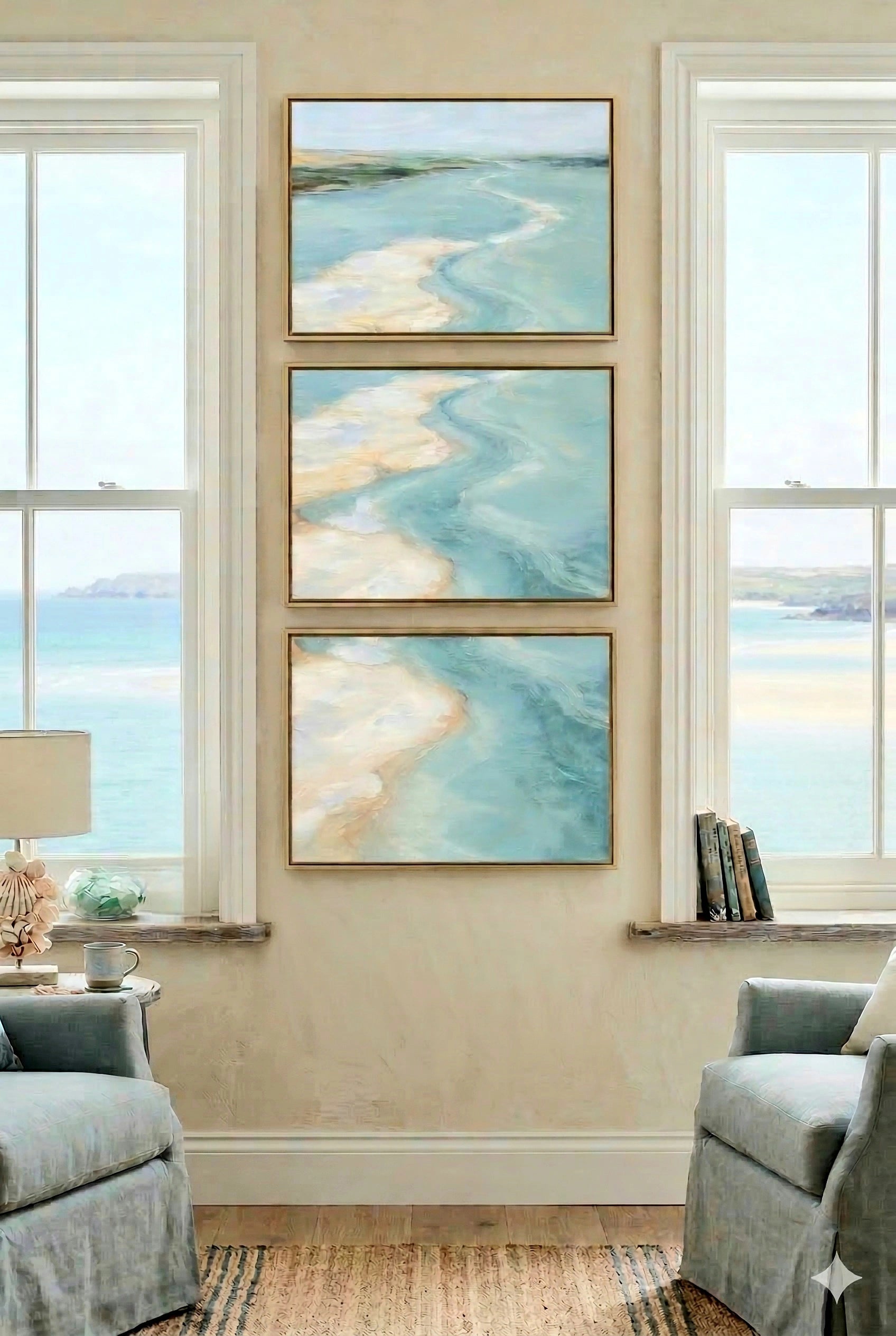 Coastal ocean triptych wall art between windows with soft seating, neutral tones and beach view outside