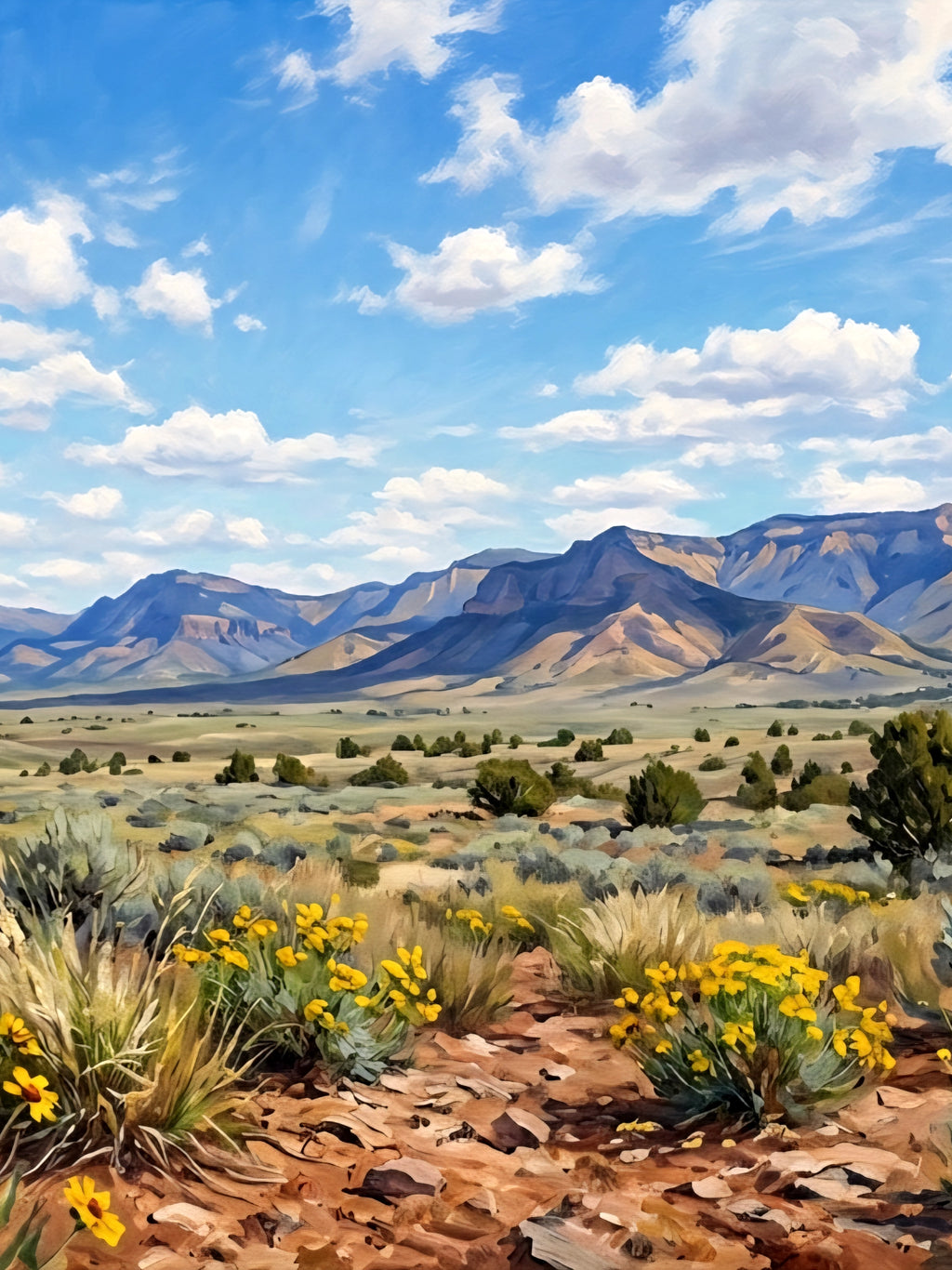 Vertical desert mountain landscape wall art printable, southwest scenery with blue sky, rolling hills, and yellow wildflowers
