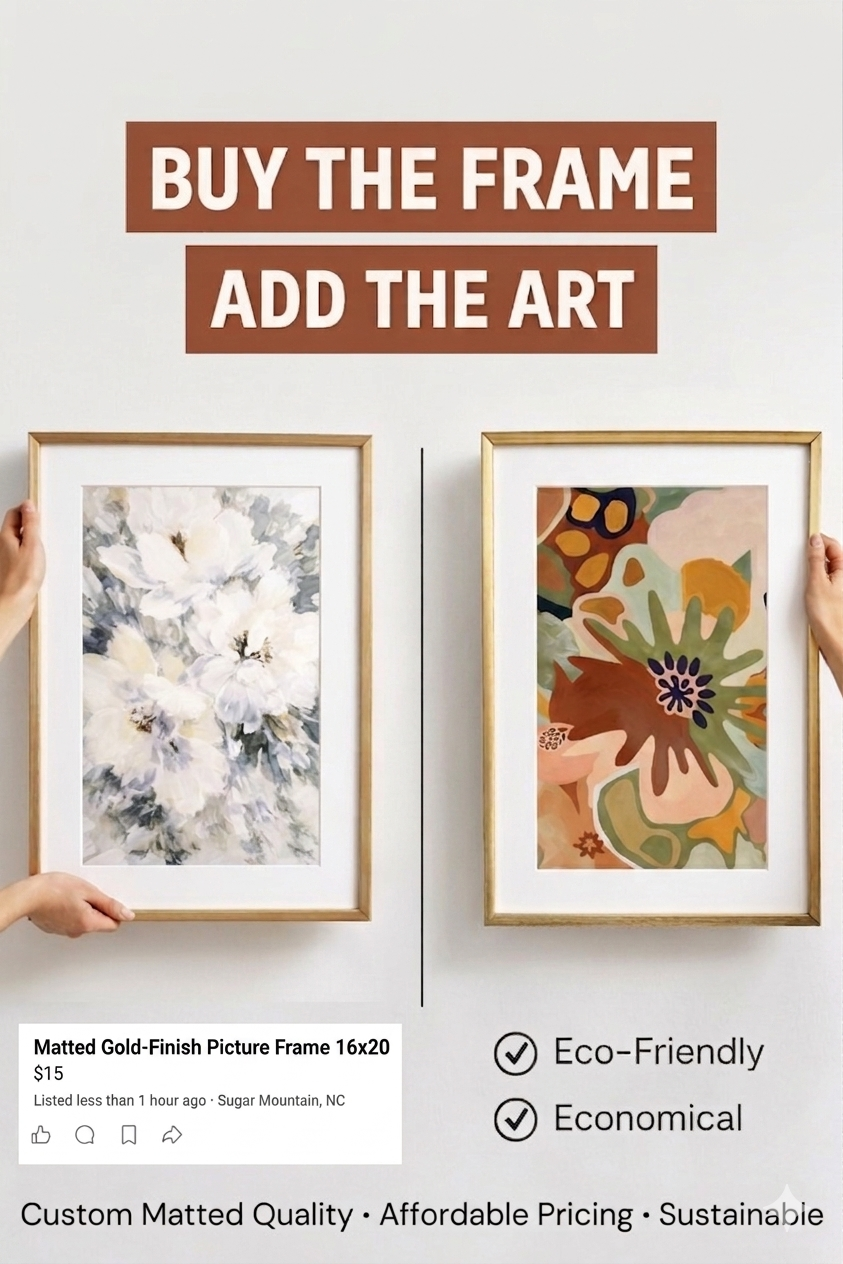 Two framed artworks on a wall with text 'Buy the frame, add the art' and product details.