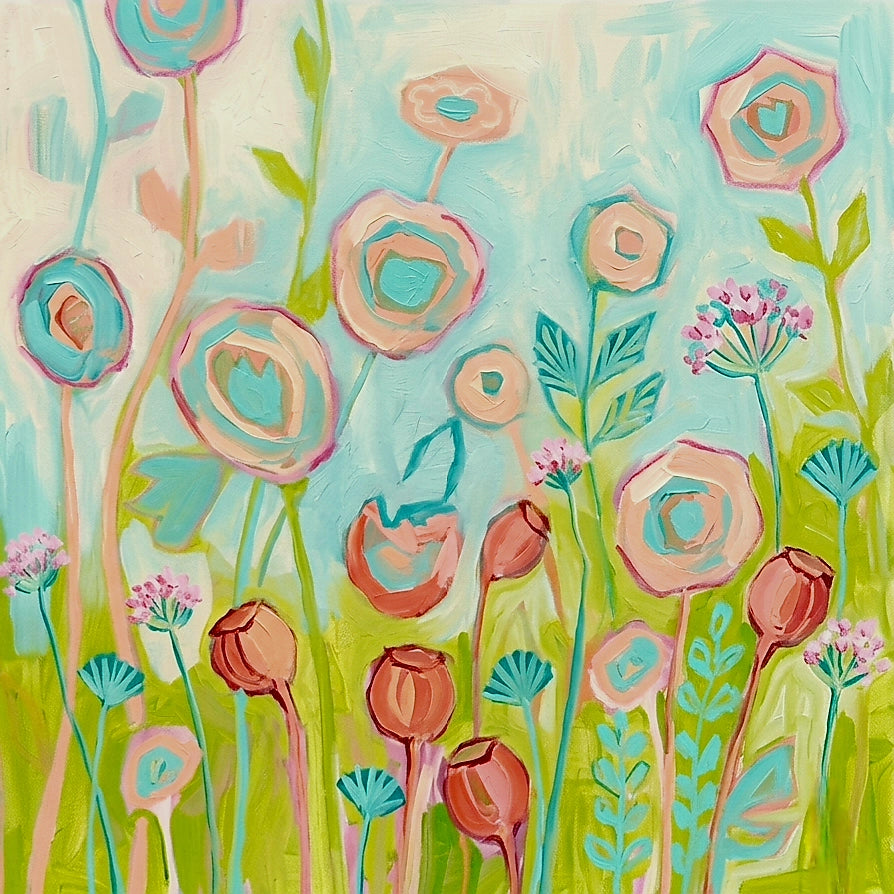 Pastel abstract floral wall art digital print, modern whimsical floral design in pastel tones, square orientation