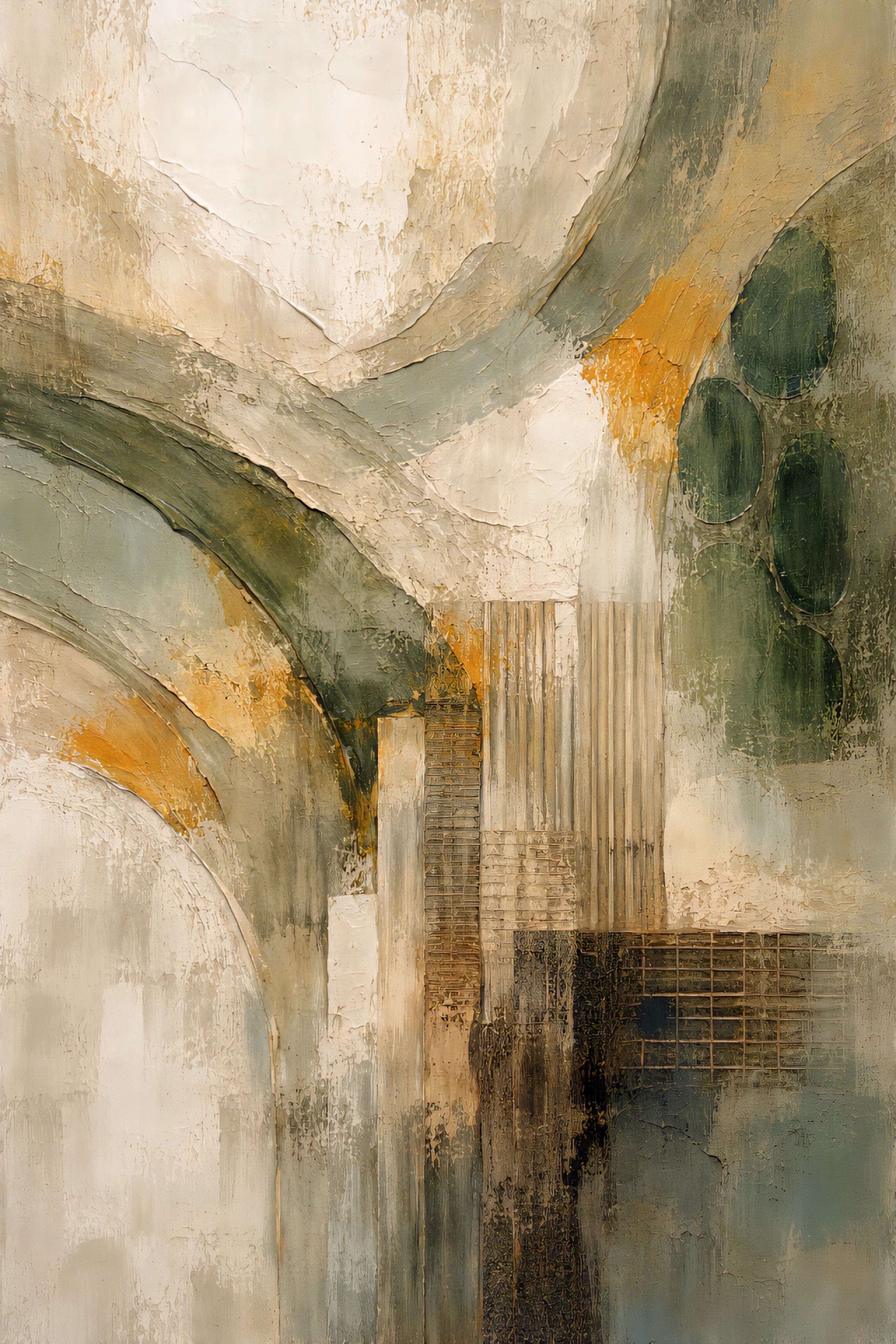 Download earth tone abstract wall art in vertical format with green and gold tones, modern neutral printable for oversized decor