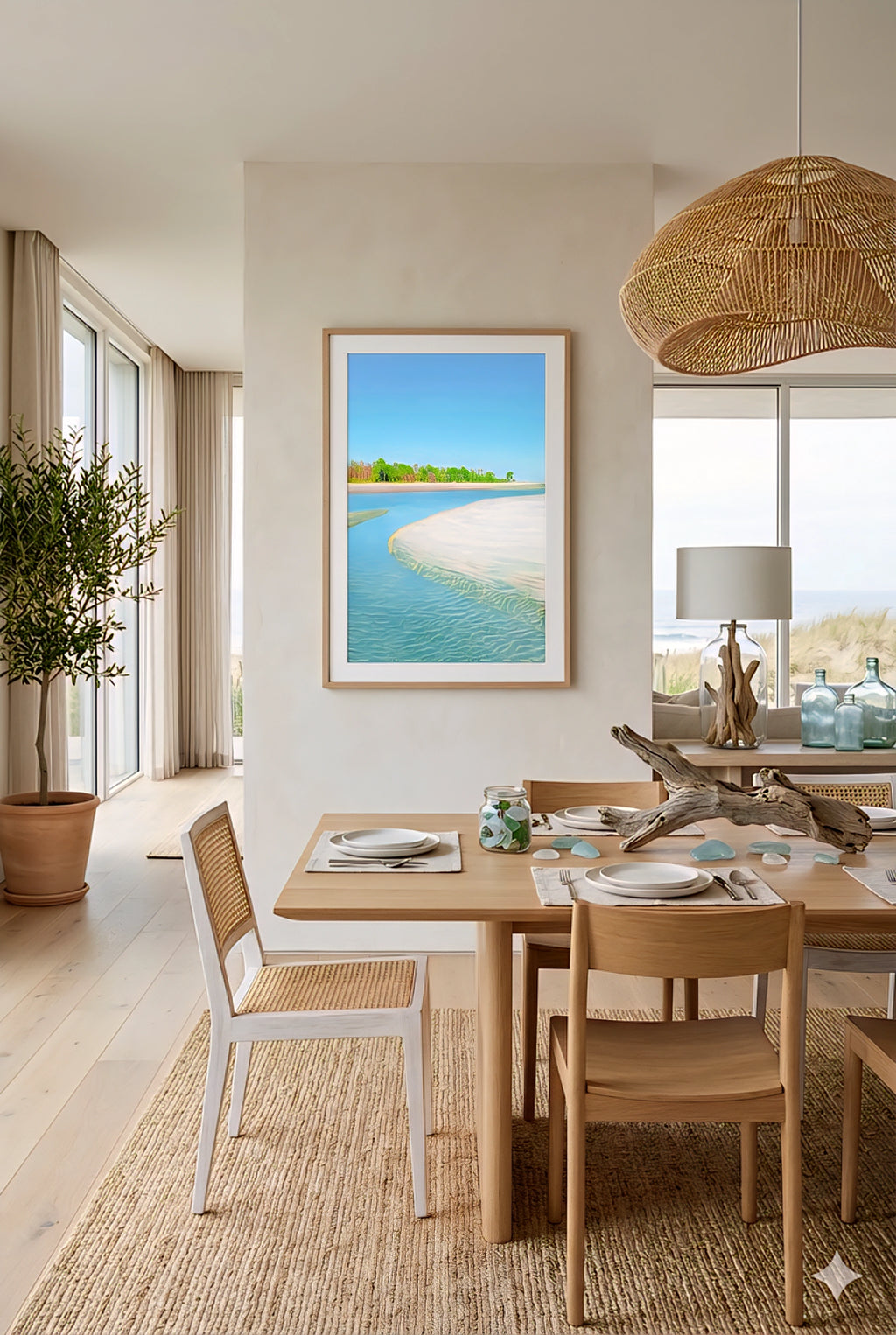 Coastal beach wall art in minimal dining room with light wood table, woven chairs, driftwood decor, and ocean view, featuring a turquoise shoreline print for calm coastal decor style