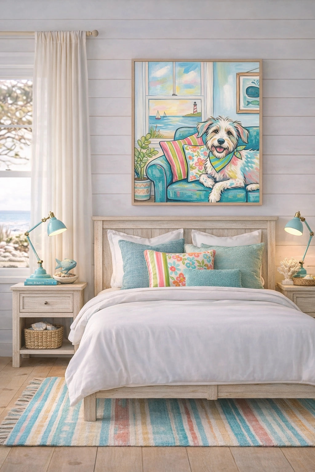Savvy Places coastal bedroom with light wood bed, aqua lamps, pastel pillows, and colorful dog wall art above headboard in bright beach cottage decor