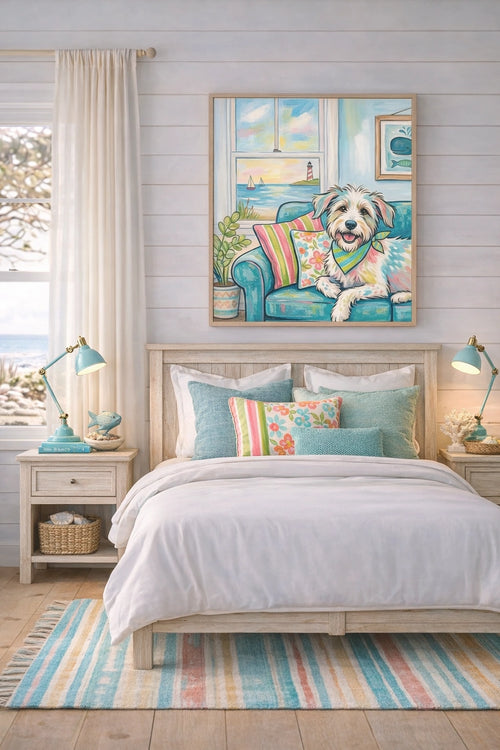 Savvy Places coastal bedroom with light wood bed, aqua lamps, pastel pillows, and colorful dog wall art above headboard in bright beach cottage decor