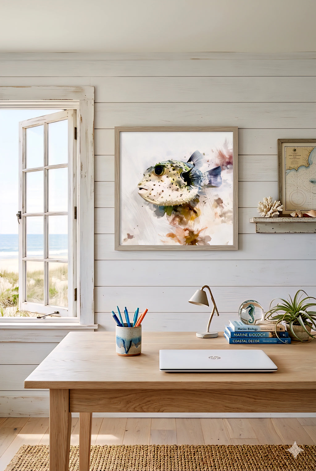 Home office with a featuring digitally downloaded framed artwork on a wall.