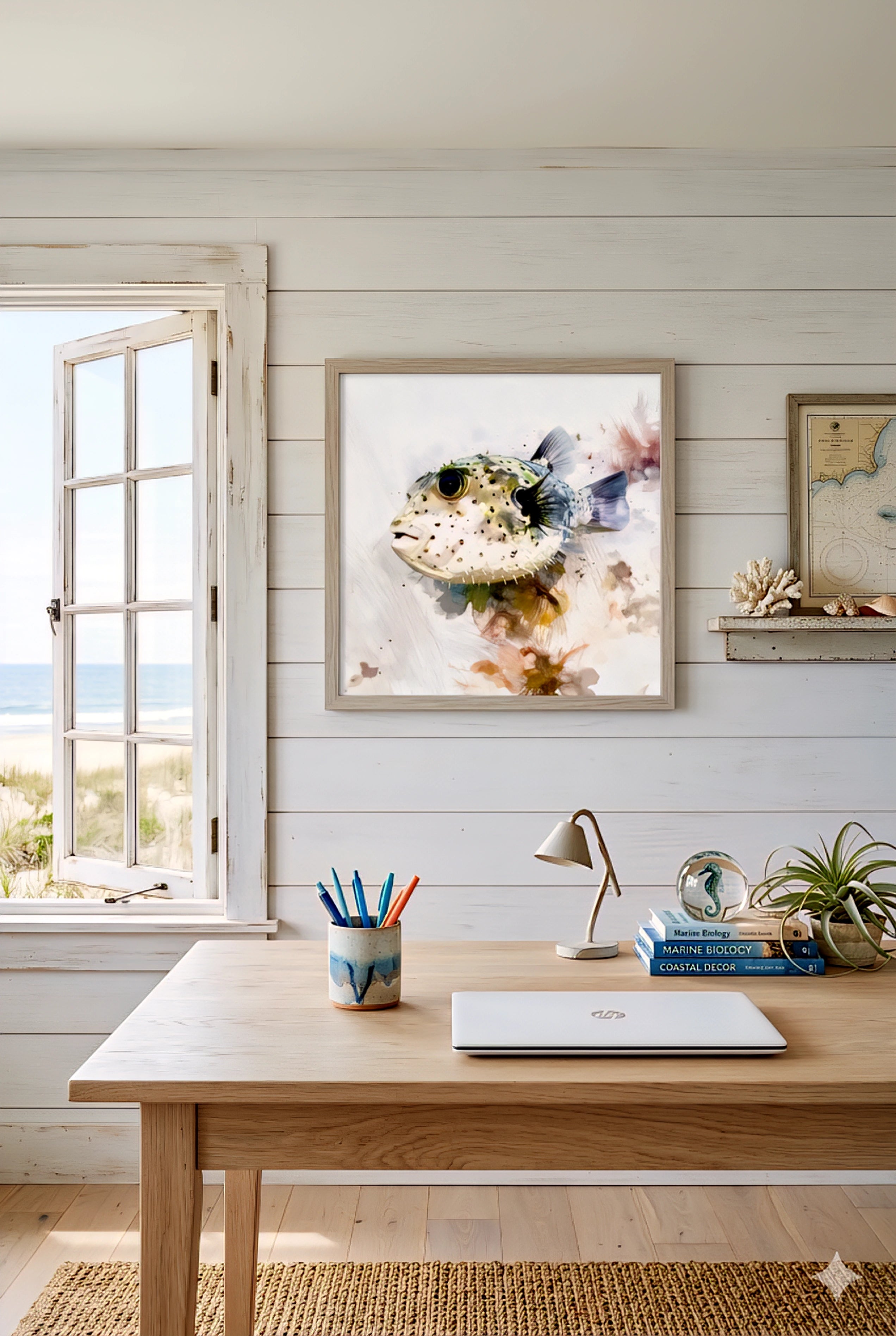 Home office with a featuring digitally downloaded framed artwork on a wall.