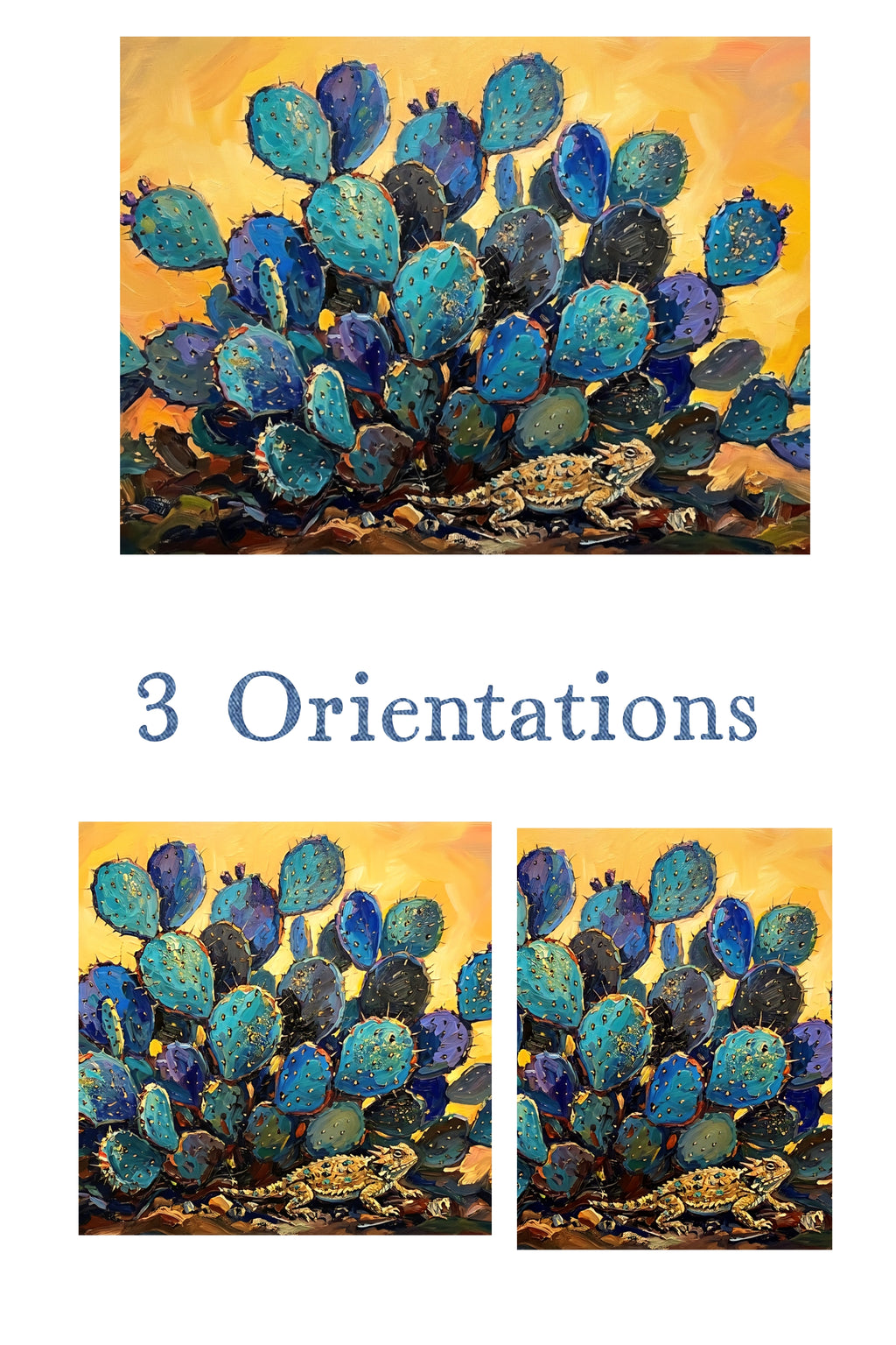 Blue cactus wall art shown in three orientations, horizontal vertical and square prickly pear desert painting for flexible digital download and easy cropping for any frame size