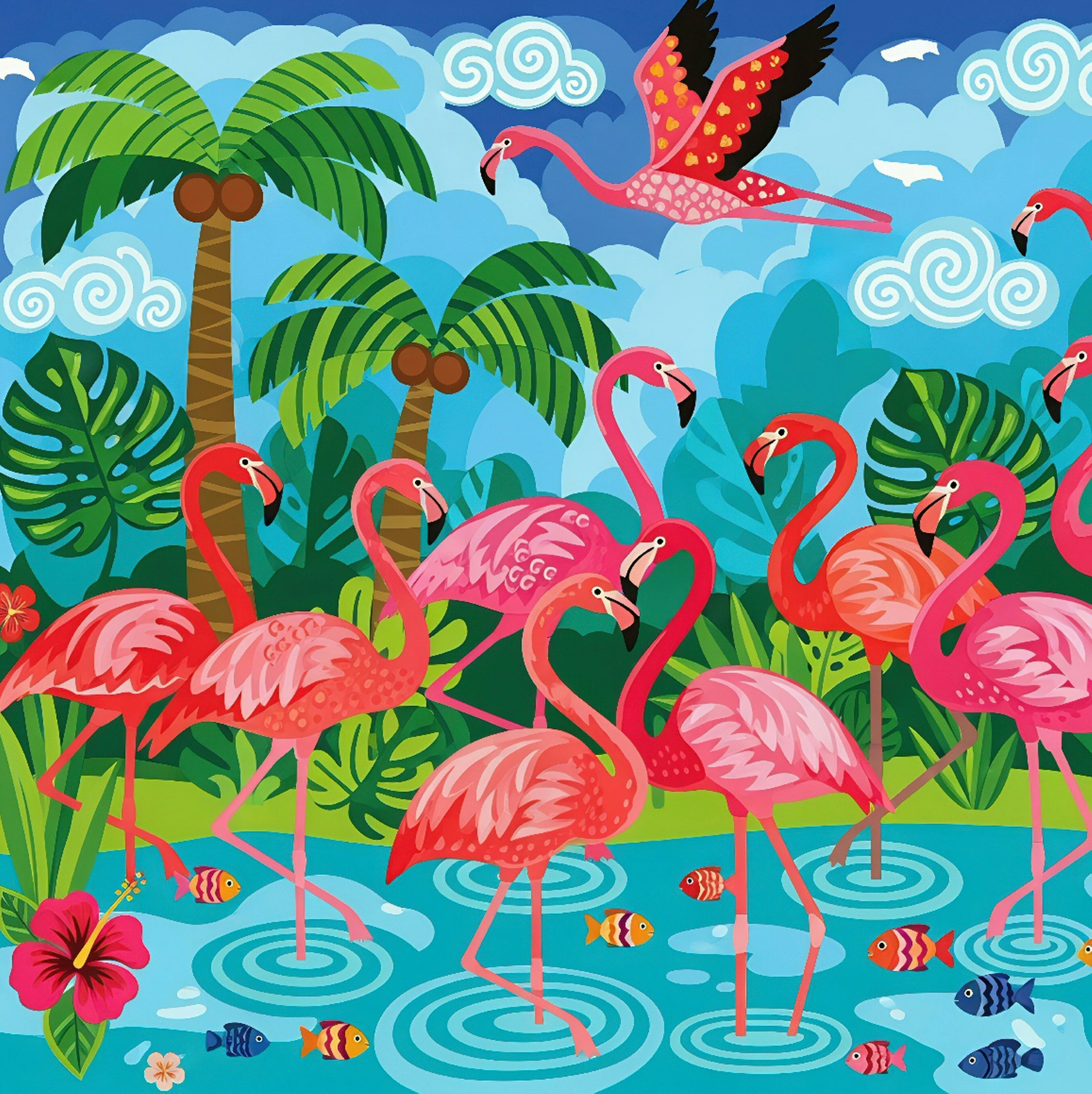 Colorful illustration of pink flamingos in a tropical setting with palm trees and fish.