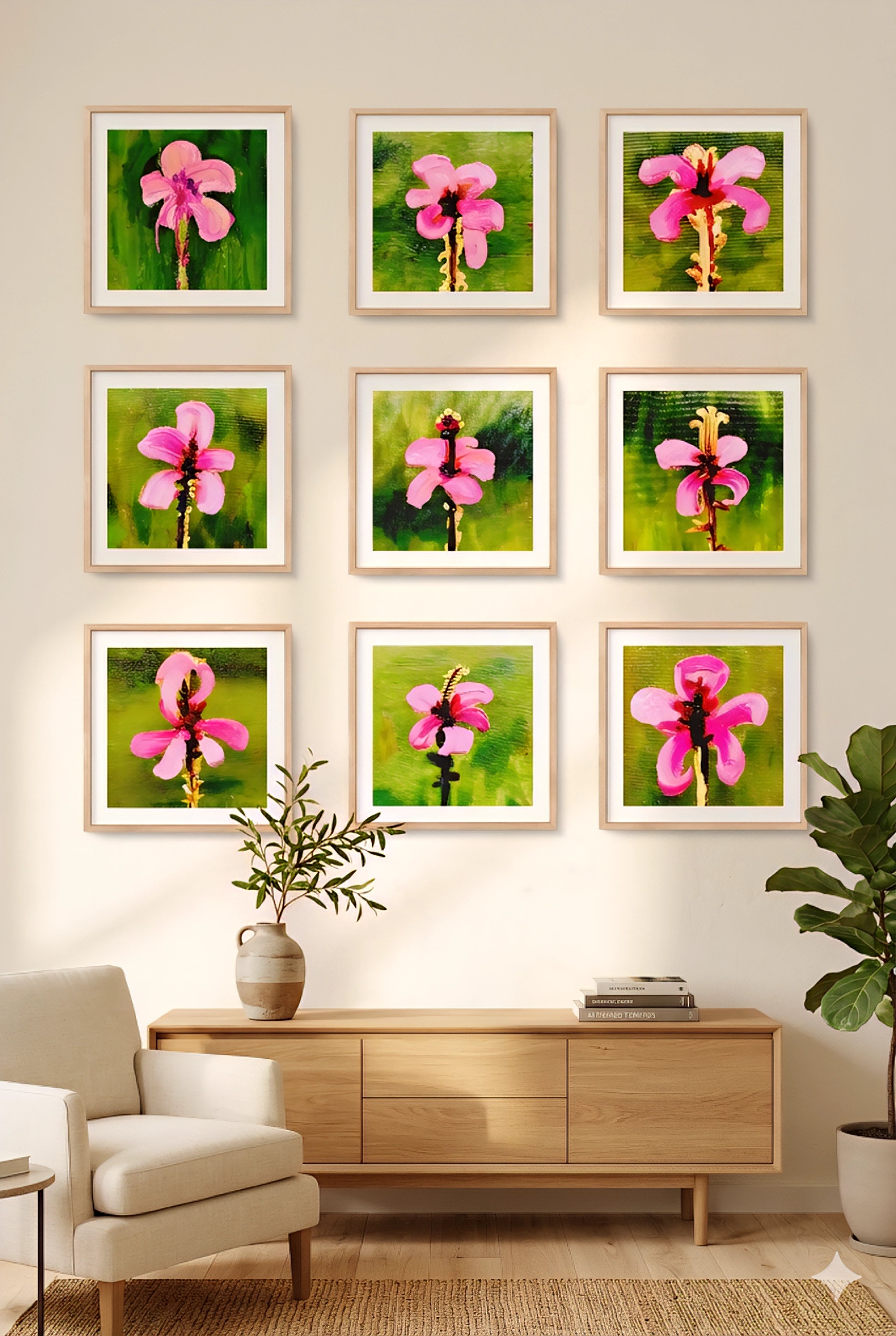 Set of 9 square floral wall art prints in black frames displayed as modern gallery wall, pink botanical artwork decorinspo, 10x10 printable digital download bundle