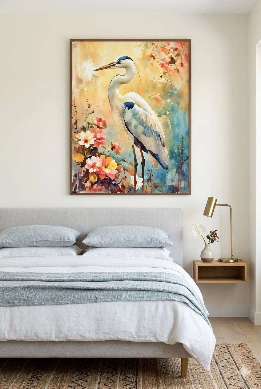 Decorative painting of a heron on a floral background above a bed in a bedroom.