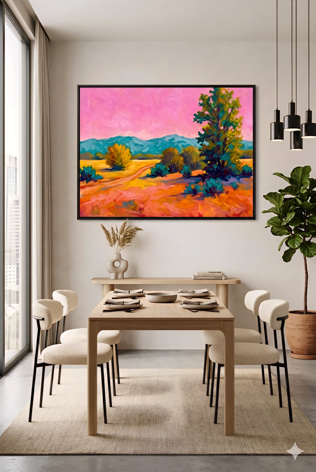 Colorful desert landscape wall art with pink sky in modern dining room, horizontal framed printable artwork above table with neutral decor and wood furniture, digital download in horizontal vertical and square orientations