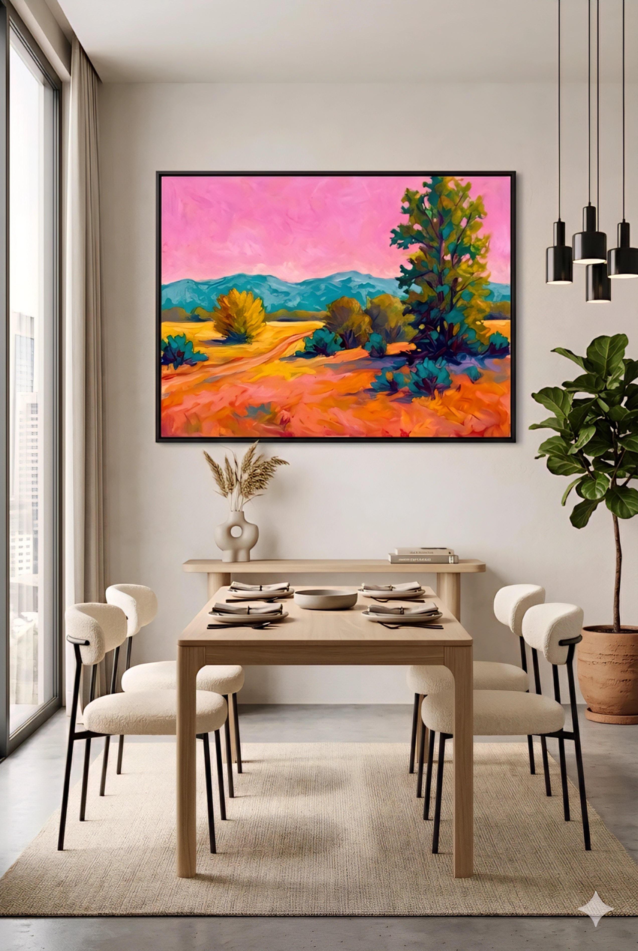 Colorful desert landscape wall art with pink sky in modern dining room, horizontal framed printable artwork above table with neutral decor and wood furniture, digital download in horizontal vertical and square orientations
