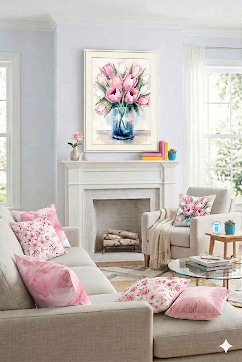 Pink tulip watercolor wall art above fireplace in soft feminine living room decor