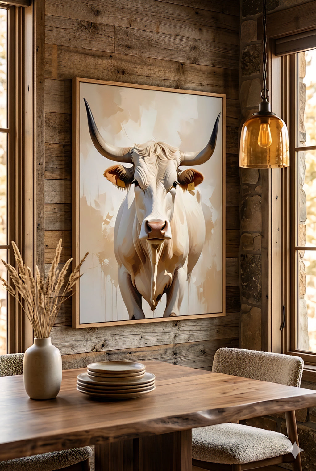 Longhorn bull wall art in rustic dining room with wood plank walls, warm lighting, and modern farmhouse western decor styling