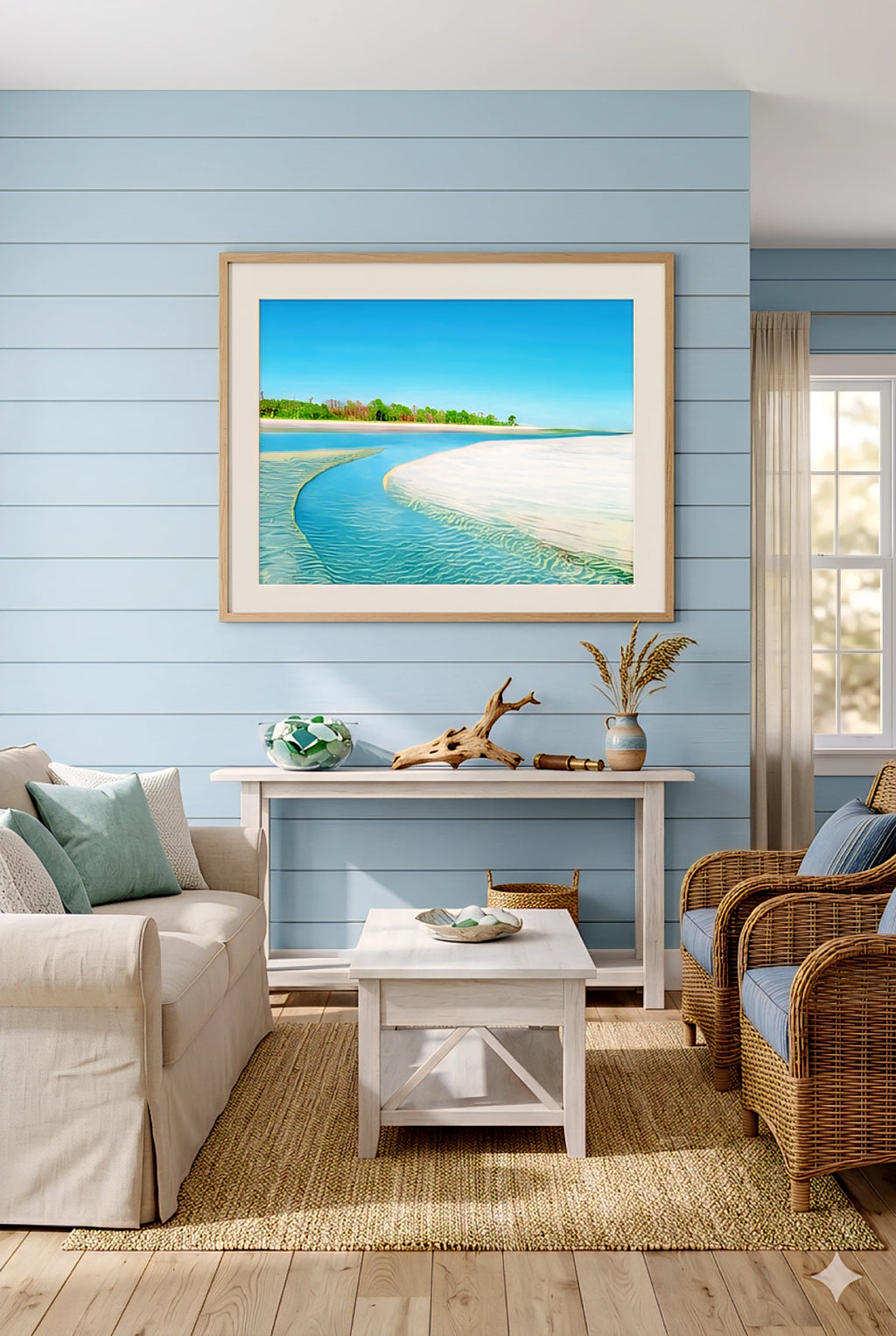 Coastal beach wall art on blue shiplap wall in airy living room with wicker chairs, neutral sofa, driftwood decor, and turquoise ocean print creating relaxed coastal decor style