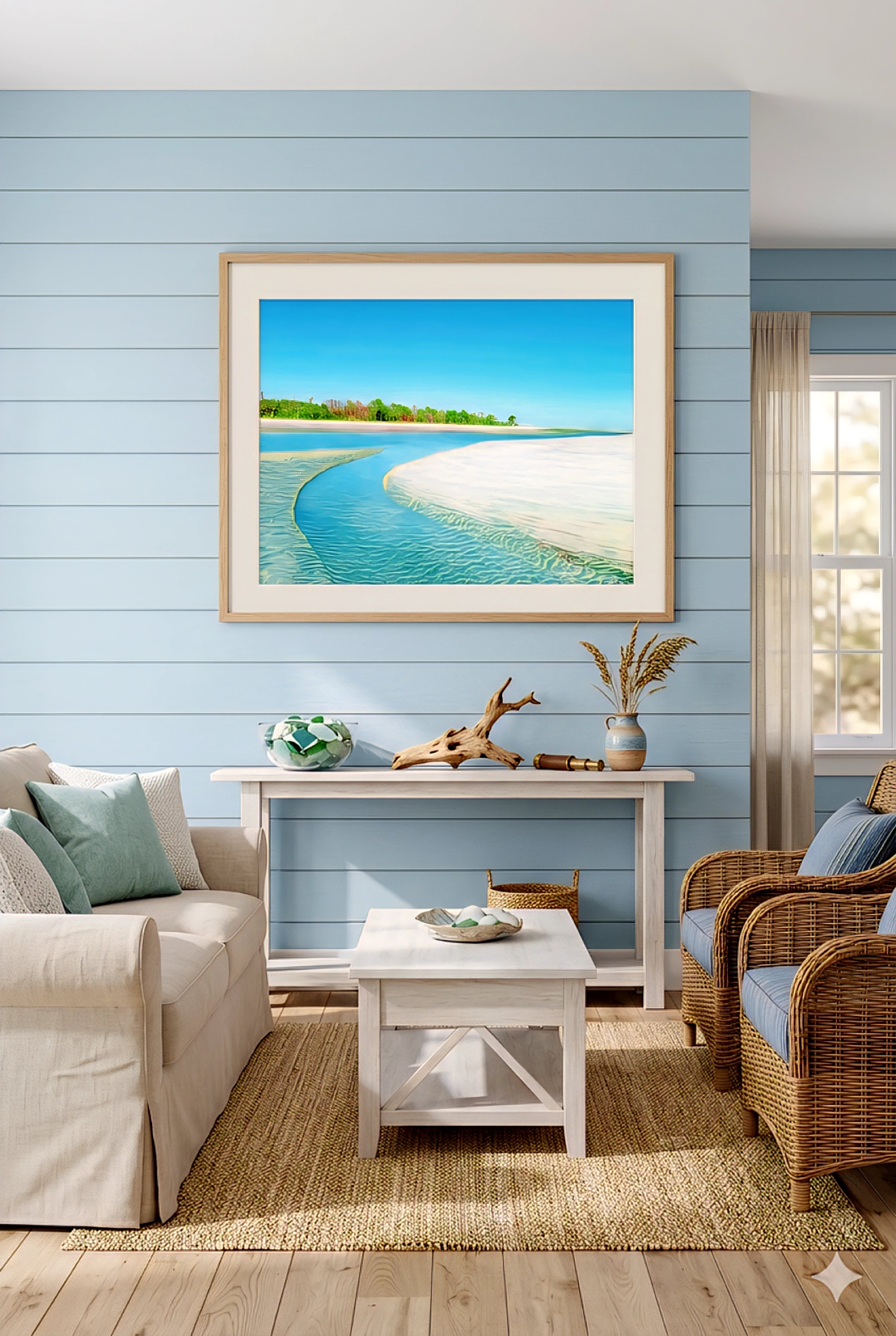 Coastal beach wall art on blue shiplap wall in airy living room with wicker chairs, neutral sofa, driftwood decor, and turquoise ocean print creating relaxed coastal decor style