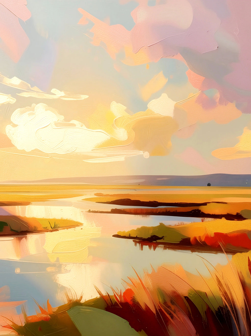 Savvy Places low country marsh painting vertical format with glowing sunset sky, winding tidal creek, and warm coastal grasses in soft impressionist style