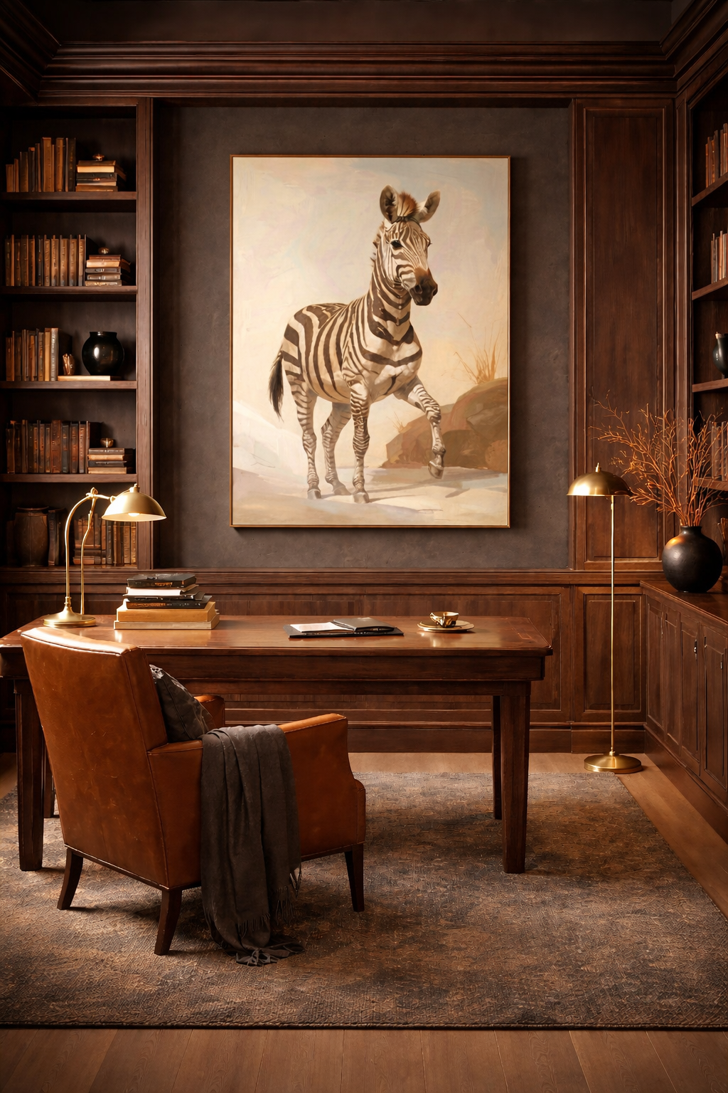 Zebra wall art printable digital download in dark dramatic study interior