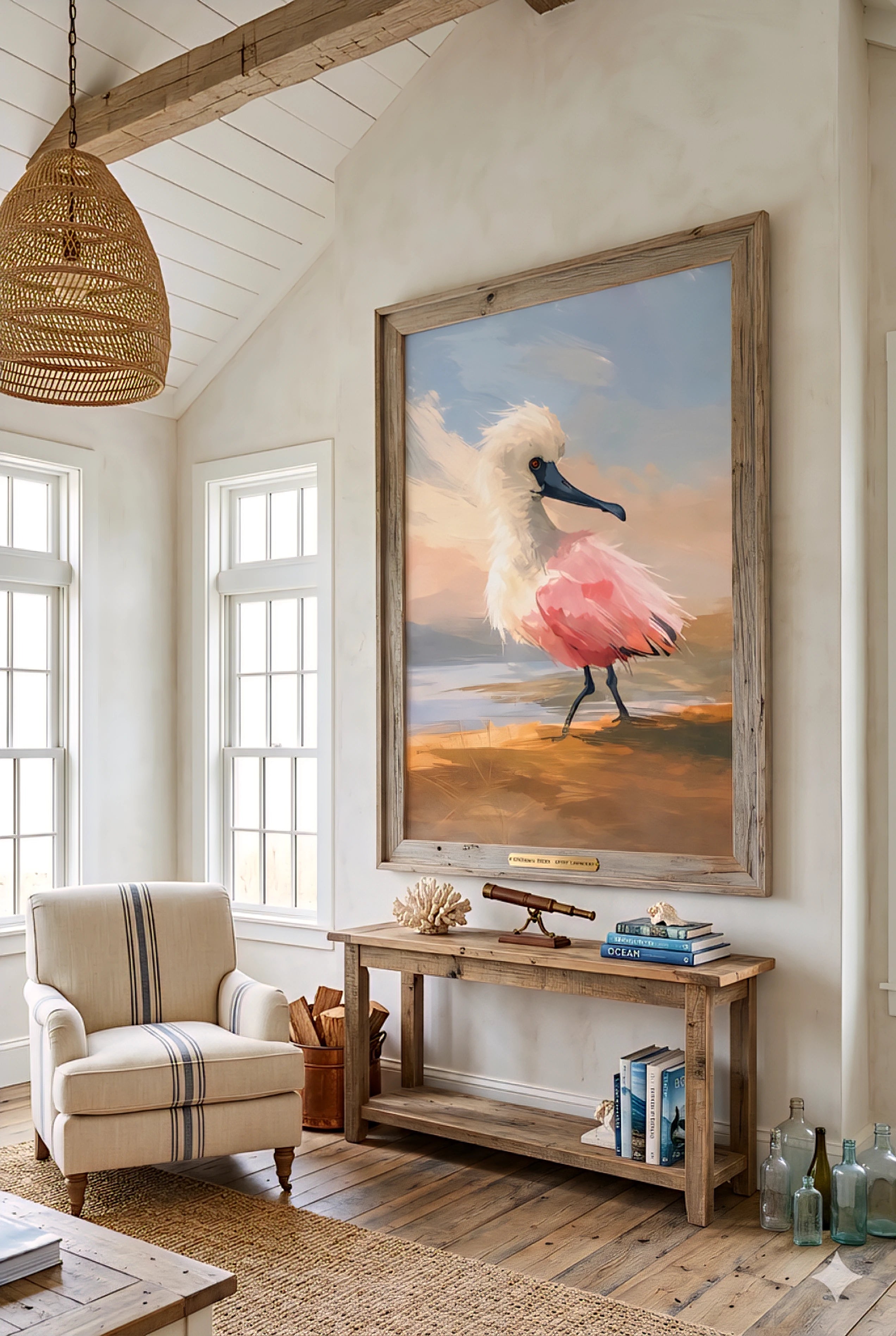 Large coastal bird wall art digital download in airy living room decorinspo, neutral tones, rustic wood console, oversized framed artwork, beach house interior styling with natural light