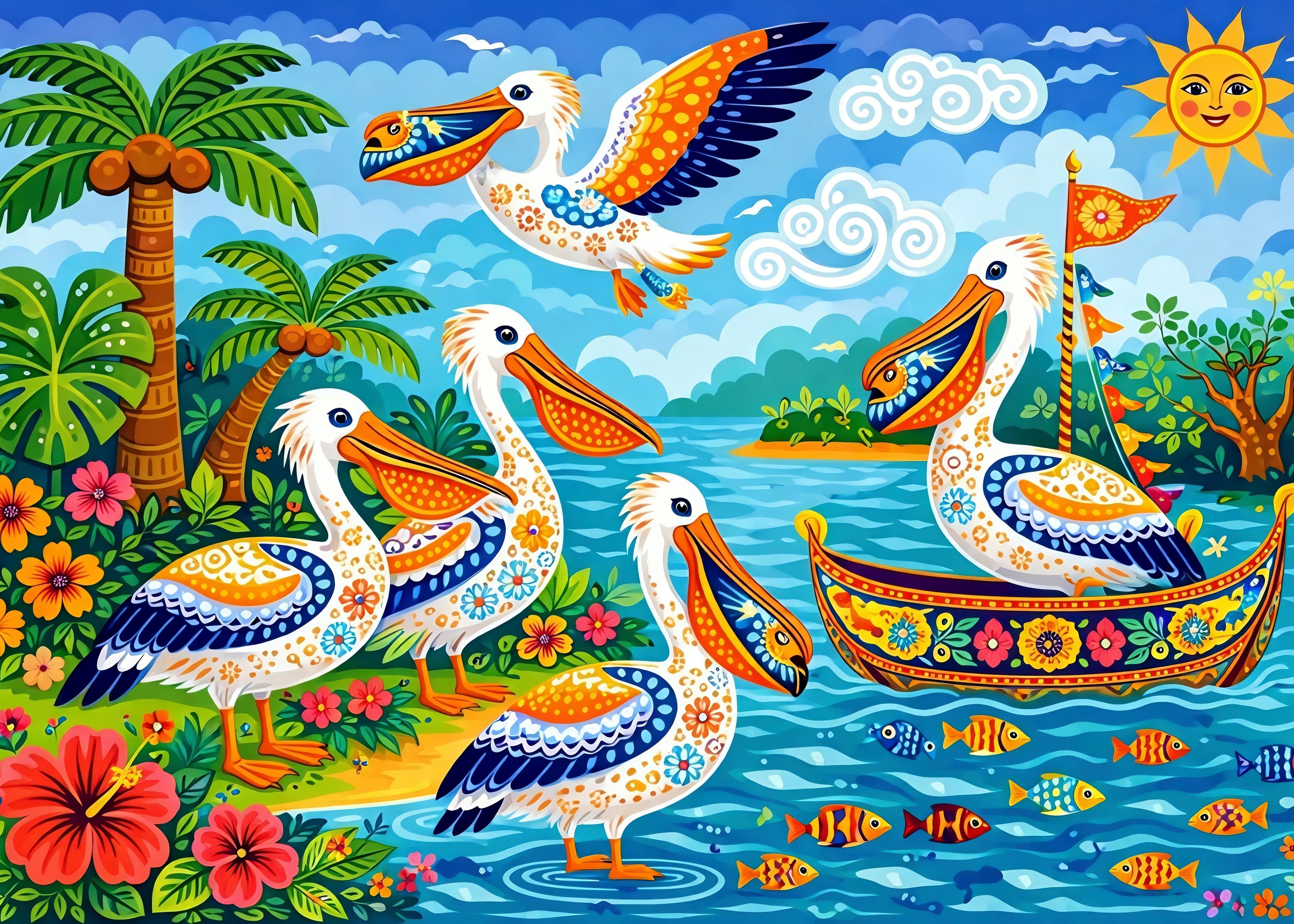 Colorful folk art  tropical scene with pelicans, a boat, and various sea creatures.