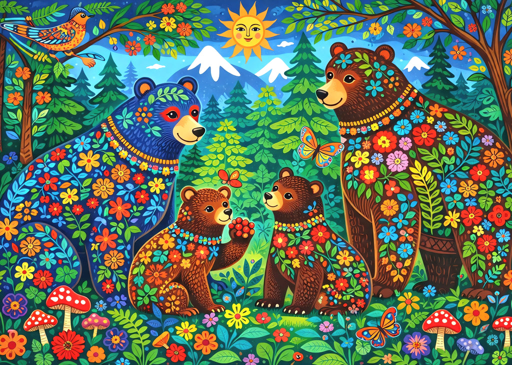 Colorful digital folk art print  of bears in a forest with flowers, butterflies, and mushrooms.