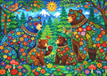 Colorful digital folk art print  of bears in a forest with flowers, butterflies, and mushrooms.