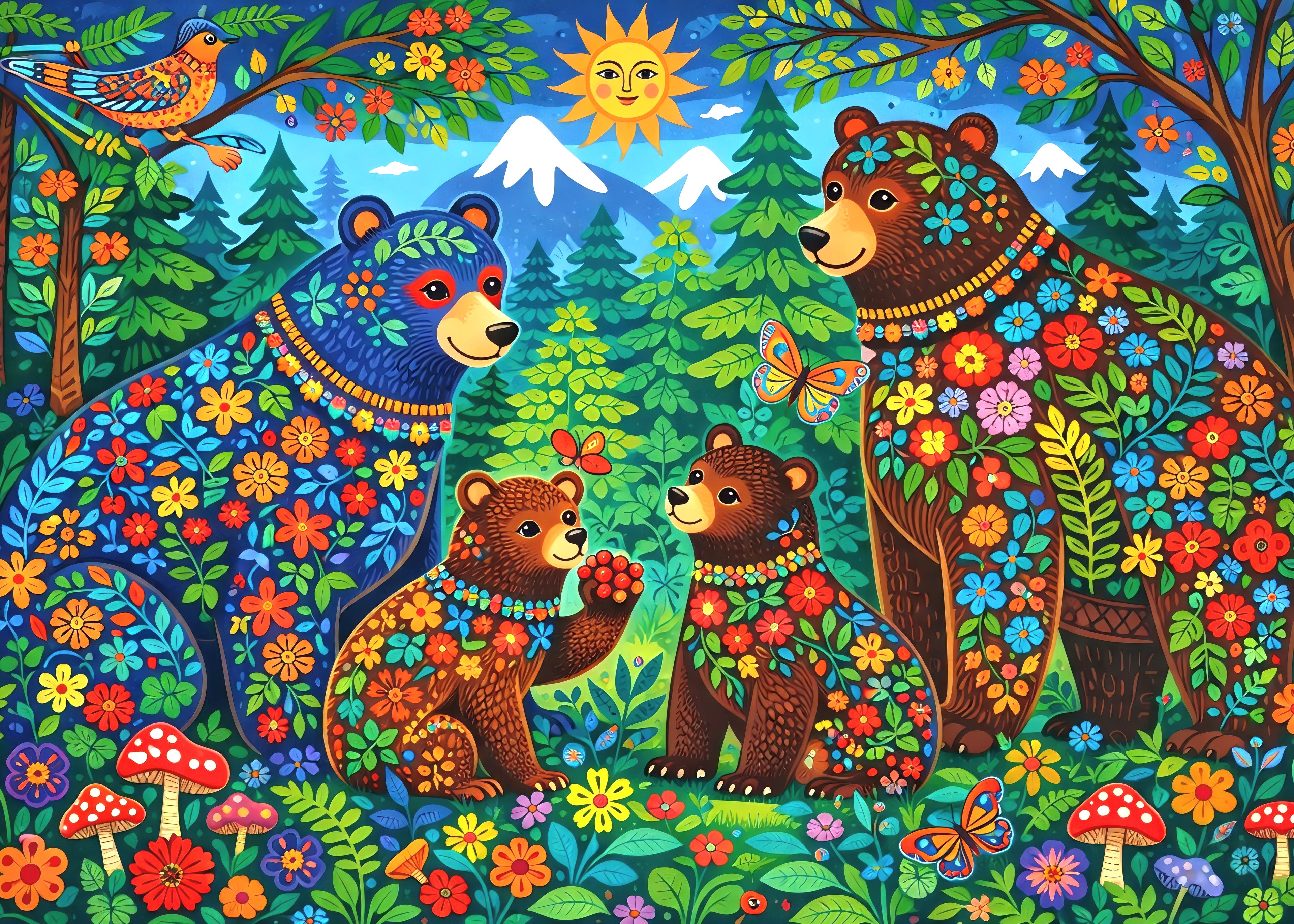 Colorful digital folk art print  of bears in a forest with flowers, butterflies, and mushrooms.