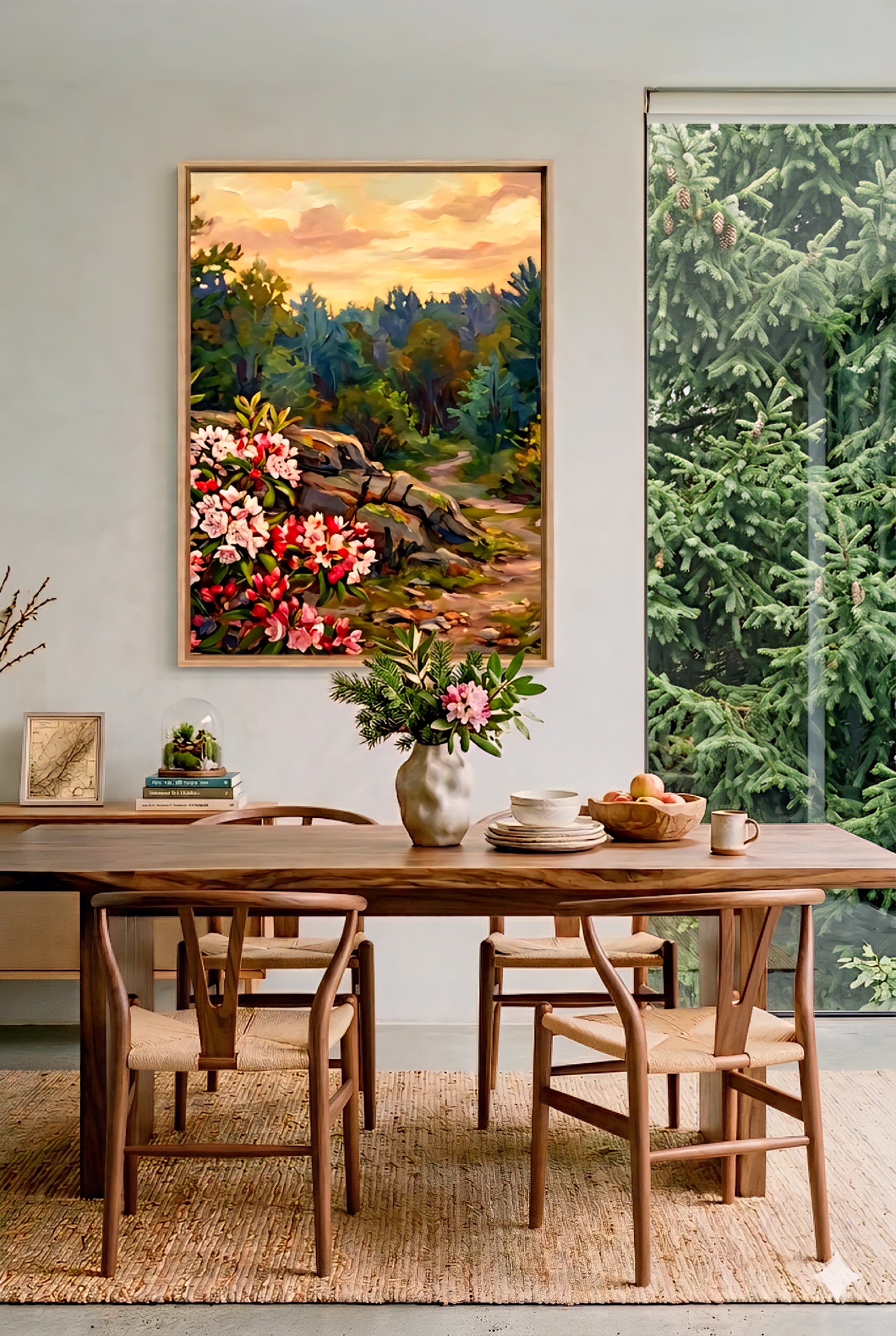 Floral landscape wall art printable in modern dining room, colorful nature painting digital download for bright organic wall decor