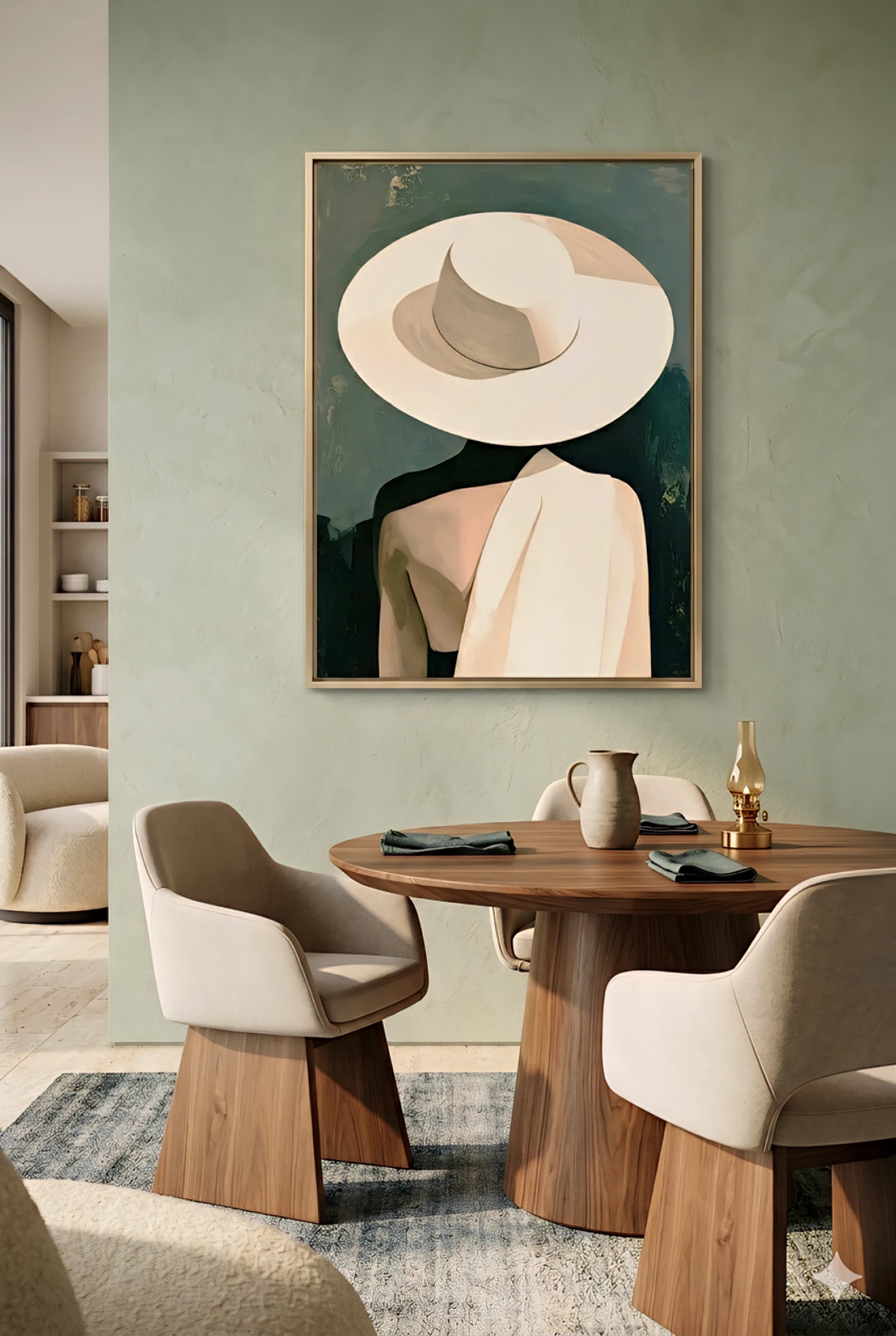 Minimalist woman with hat wall art in modern dining room with green walls and wood table, neutral portrait styled above table