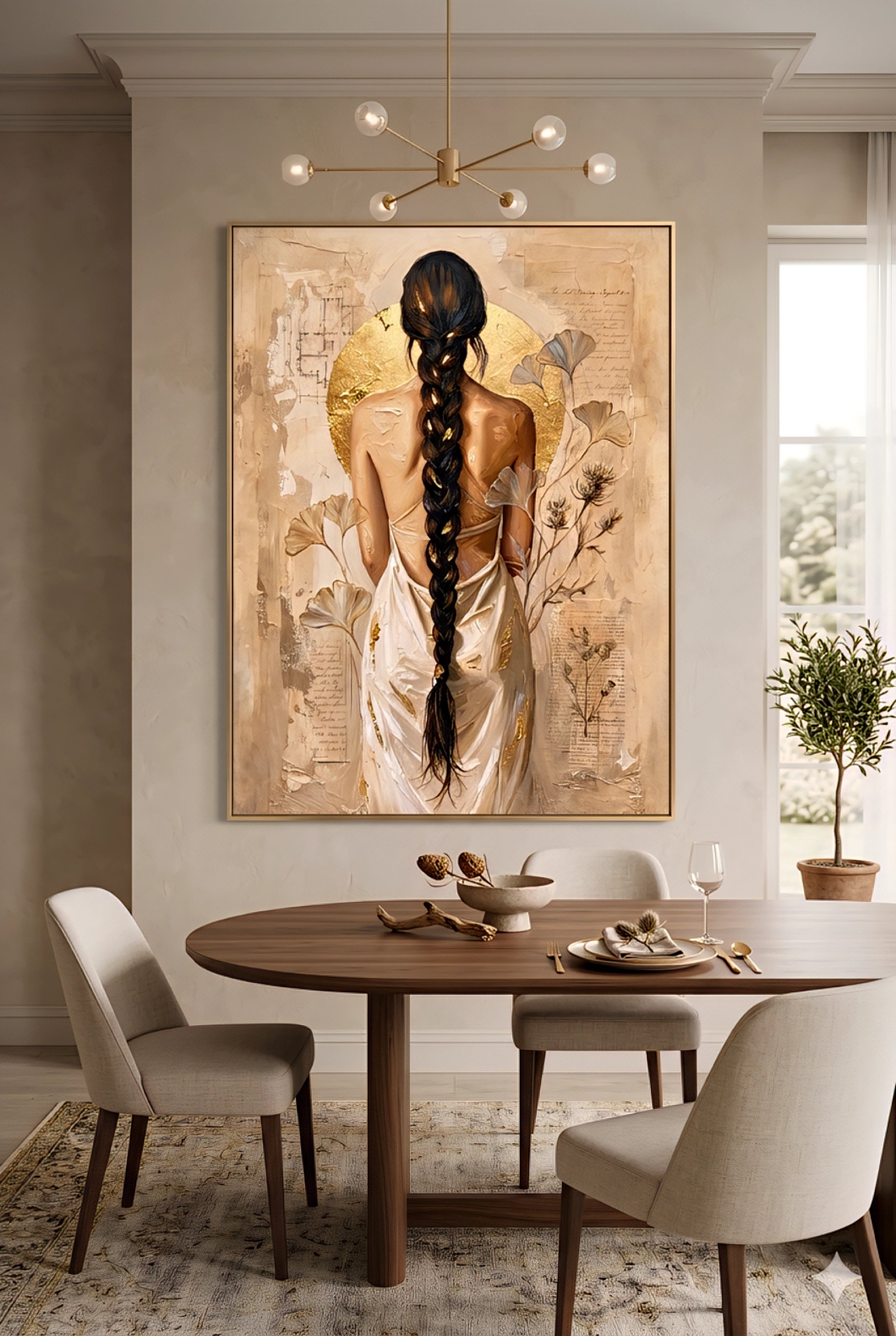 Large neutral boho wall art featuring a woman with a long braid and gold accents displayed above a modern dining table with beige chairs and warm minimalist decor