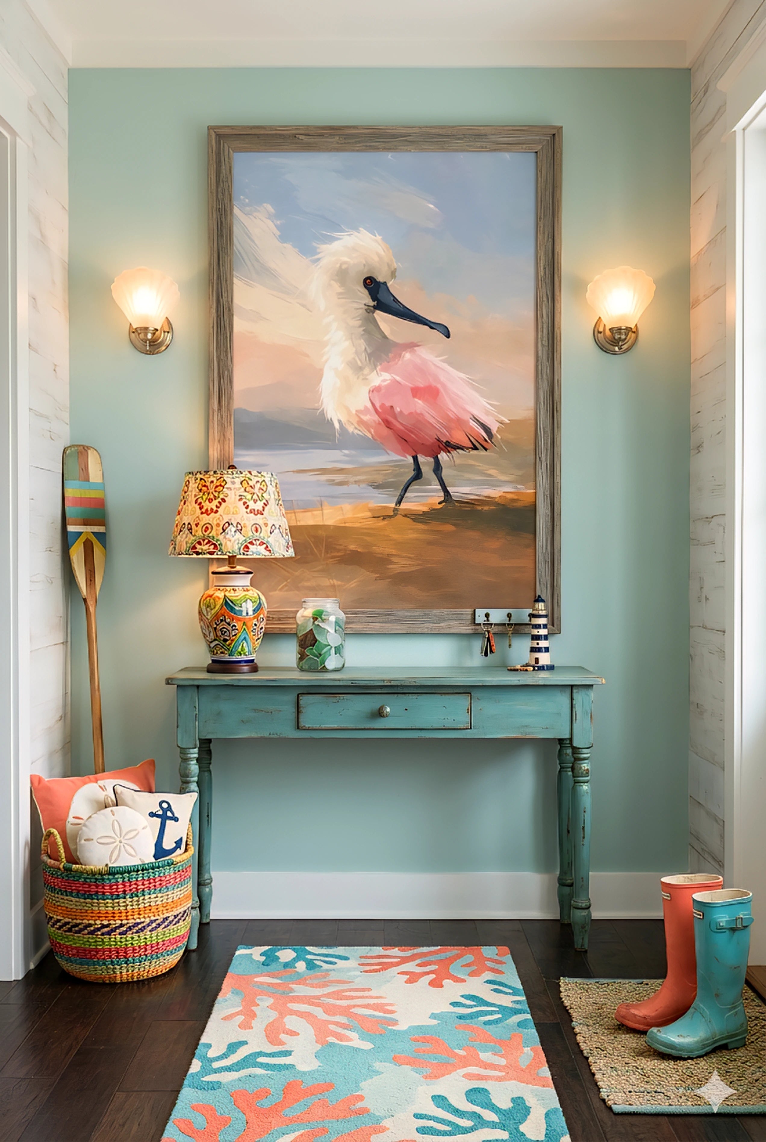 Coastal entryway decorinspo with colorful bird wall art digital download, aqua console table, coral rug, beach house styling, vibrant coastal home entry design