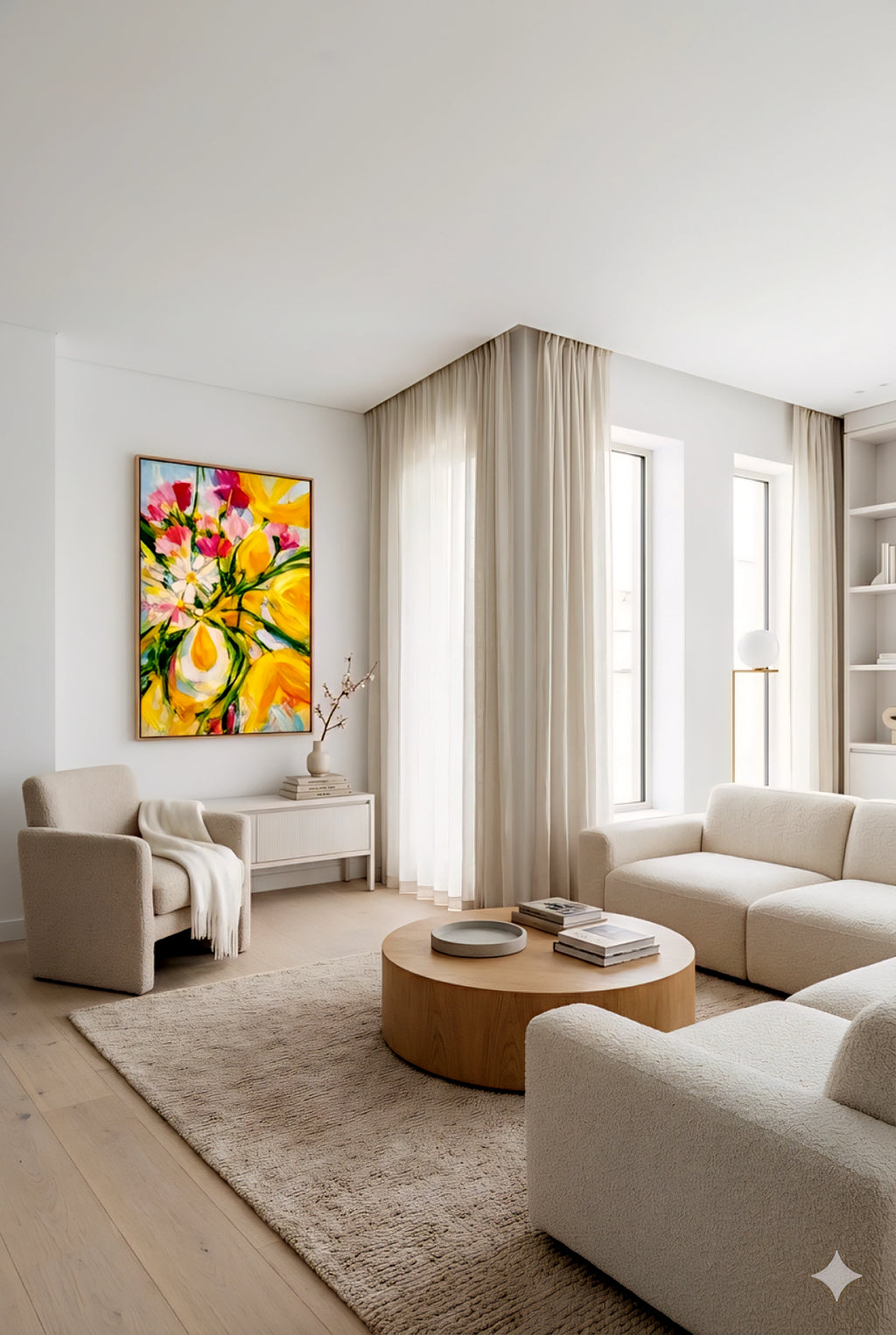 Yellow and pink floral abstract wall art adding a bold color pop to a modern neutral living room with soft beige furniture, natural textures, and large windows for a clean decorinspo look