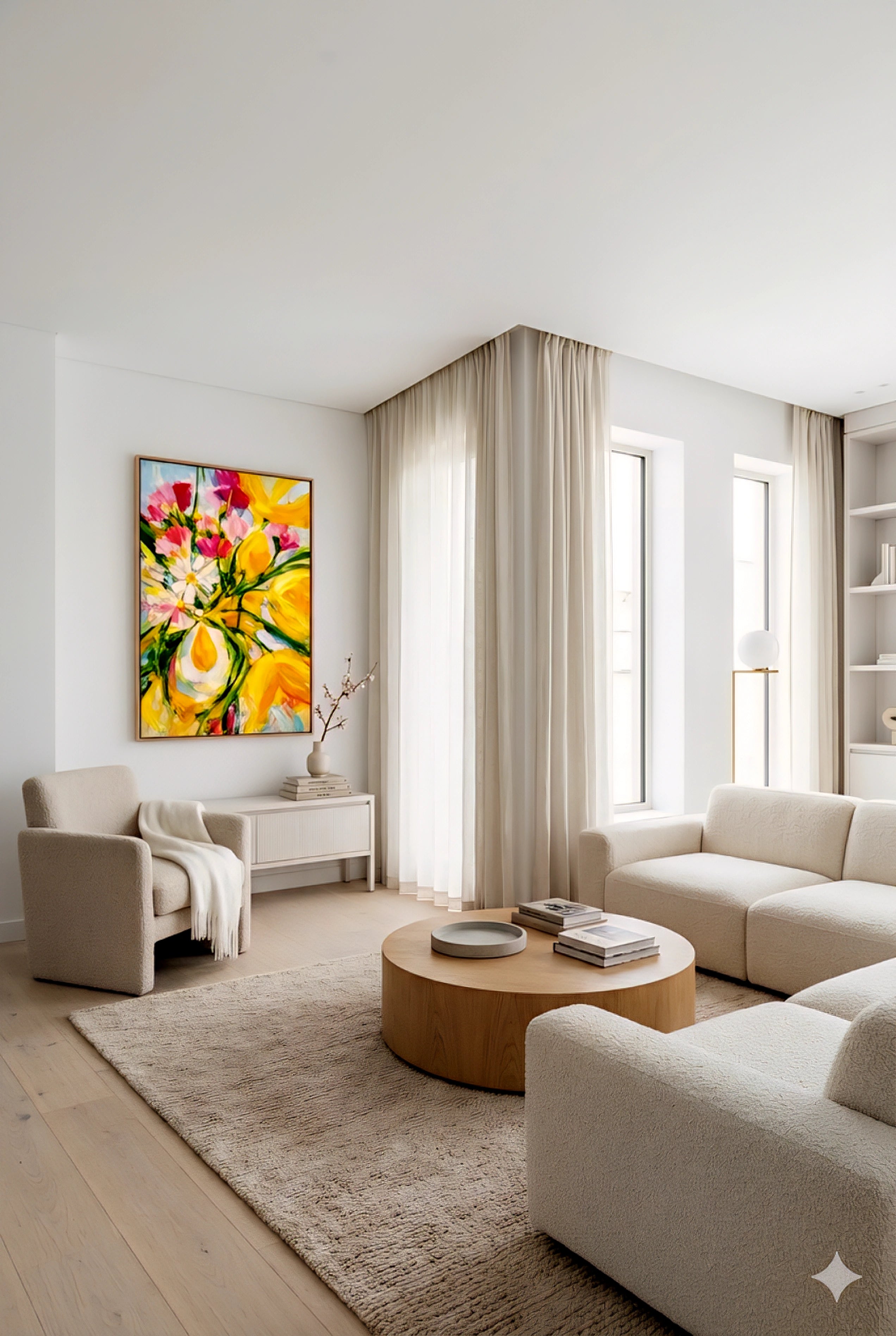 Yellow and pink floral abstract wall art adding a bold color pop to a modern neutral living room with soft beige furniture, natural textures, and large windows for a clean decorinspo look