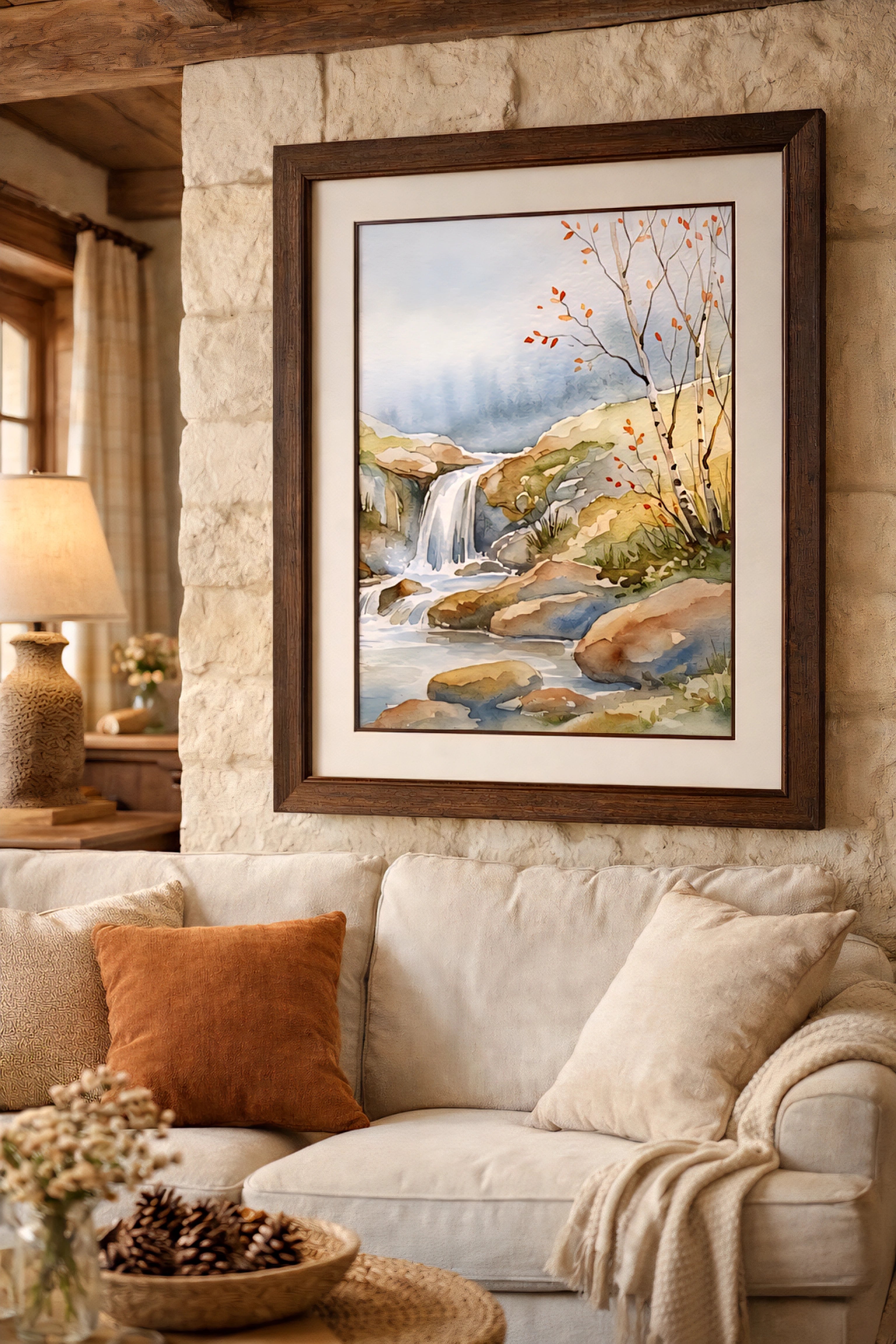 Waterfall landscape printable wall art displayed above a neutral sofa in a warm rustic living room, featuring a soft watercolor nature scene with earthy tones and cozy decorinspo styling.