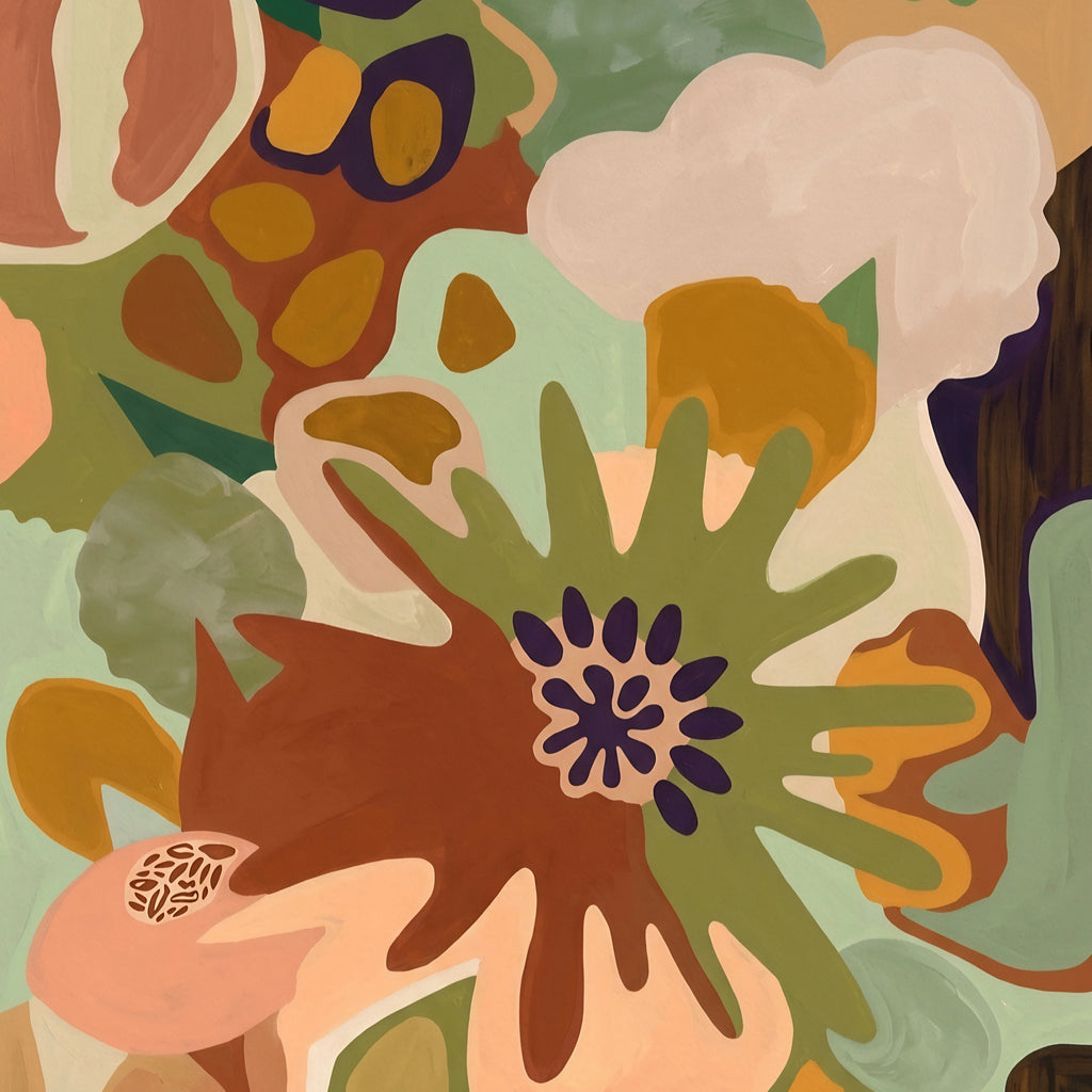 Abstract botanical wall art square digital download with organic shapes in earthy green, terracotta, and cream tones