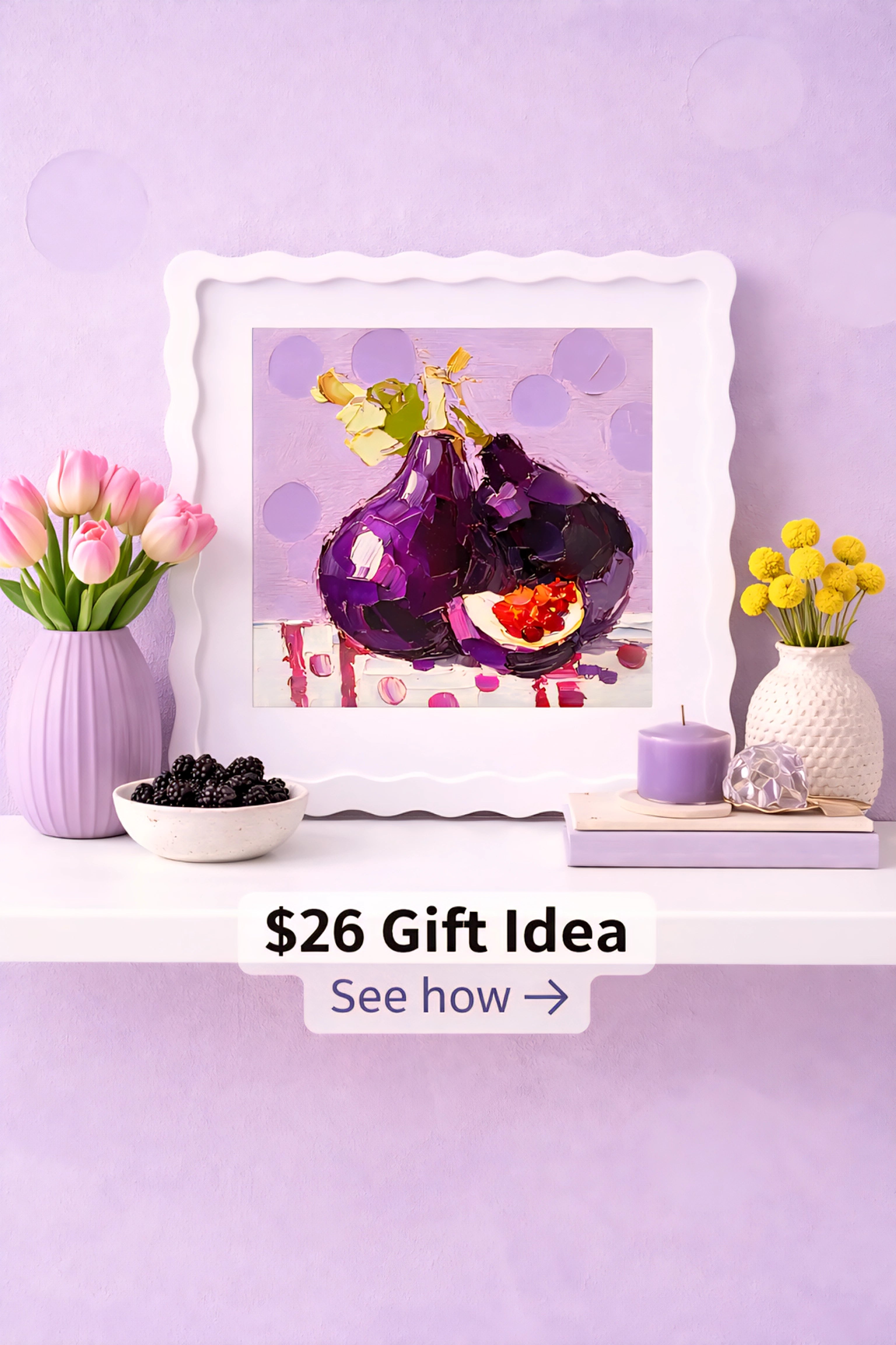 Purple fig wall art printable styled on shelf with decor and $26 gift idea text overlay, modern kitchen digital download art